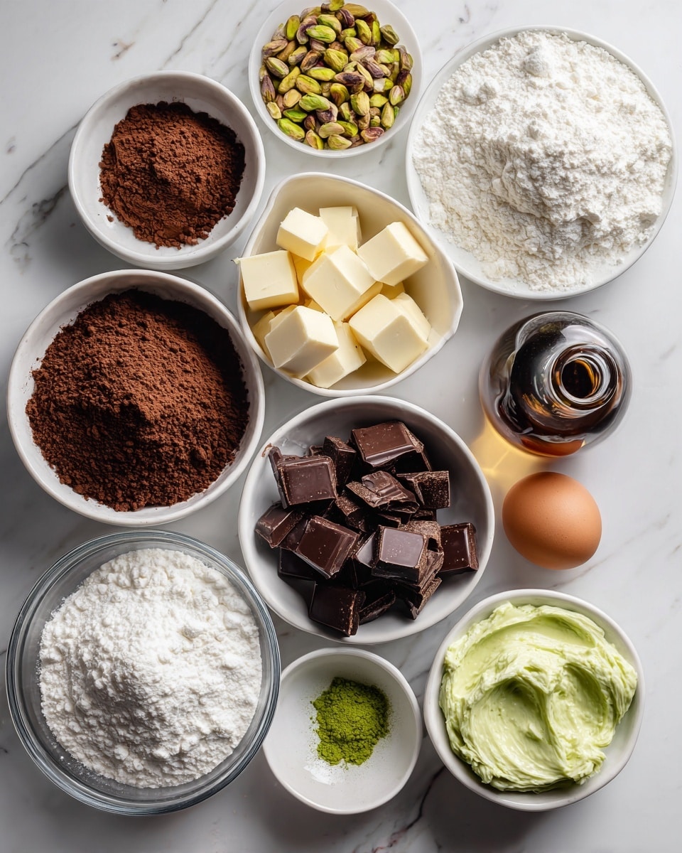 This image shows a top view of several small white bowls arranged neatly on a white marbled surface, each containing different baking ingredients. The bowls hold rich brown cocoa powder, green pistachios, white sugar mixed with light brown sugar, white flour, and white powdered sugar. One clear glass bowl contains white flour, and a white bowl in the middle is filled with dark chocolate chunks. There are also some cubed yellow butter pieces in a white bowl, a brown egg, a dark brown bottle of vanilla extract, and a small white bowl with creamy green matcha paste. The arrangement is clean and organized, showing the variety of textures and colors used in baking, photo taken with an iphone --ar 4:5 --v 7