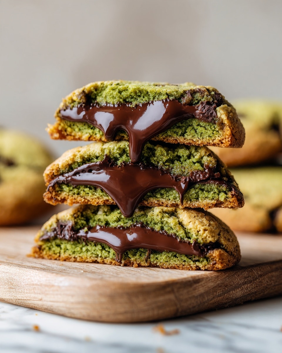 A close-up stack of three cookie halves with gooey green matcha filling inside, layered with bits of melted dark chocolate in each half. The outer cookie layer is golden brown and slightly crumbly, showing the soft green interior with a shiny, smooth texture. The stack sits on a light wooden board with whole cookies blurred in the background resting on a white marbled surface. Photo taken with an iphone --ar 4:5 --v 7