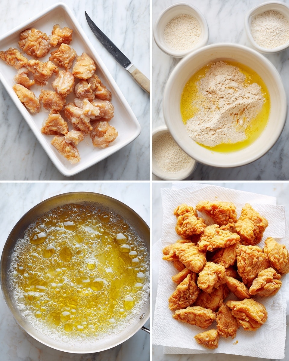 The image is divided into four parts showing the process of making fried chicken pieces. The top left part shows raw chicken pieces placed in a white rectangular dish on a white marbled surface, with a knife nearby. The top right part has chicken pieces covered in a yellow liquid inside a white round bowl, next to another white round bowl filled with light-colored seasoned flour on the same white marbled background. The bottom left part shows bubbling hot oil frying the chicken pieces in a pan, with the oil’s shiny surface full of small bubbles. The bottom right part shows golden-brown fried chicken pieces resting on white paper towels on a white marbled surface. photo taken with an iphone --ar 4:5 --v 7