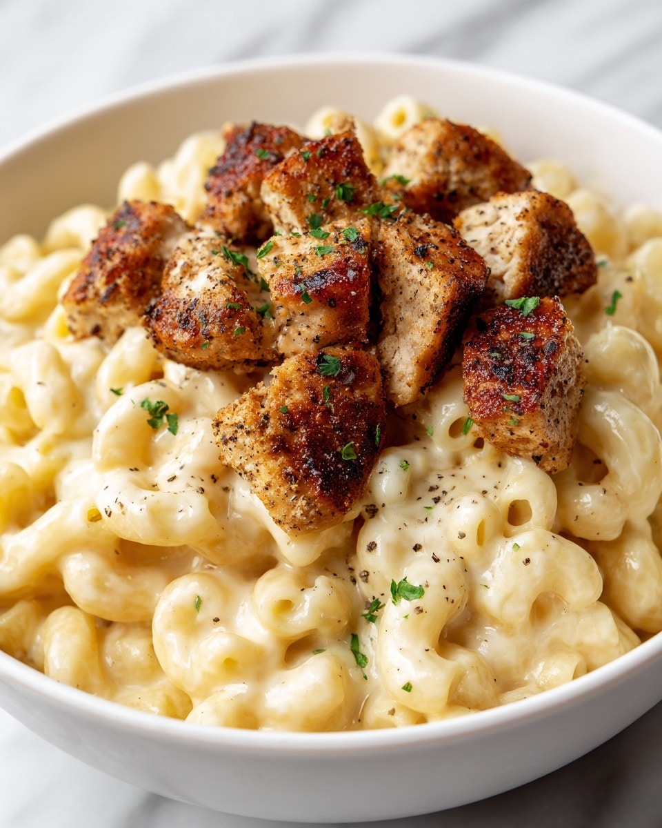 This image shows a close-up of a creamy macaroni and cheese dish topped with several pieces of grilled chicken. The macaroni is soft and coated in a smooth, shiny cheese sauce with a pale yellow color. On top, there are about a dozen pieces of chicken that are browned with some black pepper seasoning visible and a little bit of green parsley sprinkled over them. The food is in a white bowl sitting on a white marbled surface. The focus is on the chicken and macaroni, giving a warm and tasty look. Photo taken with an iphone --ar 4:5 --v 7