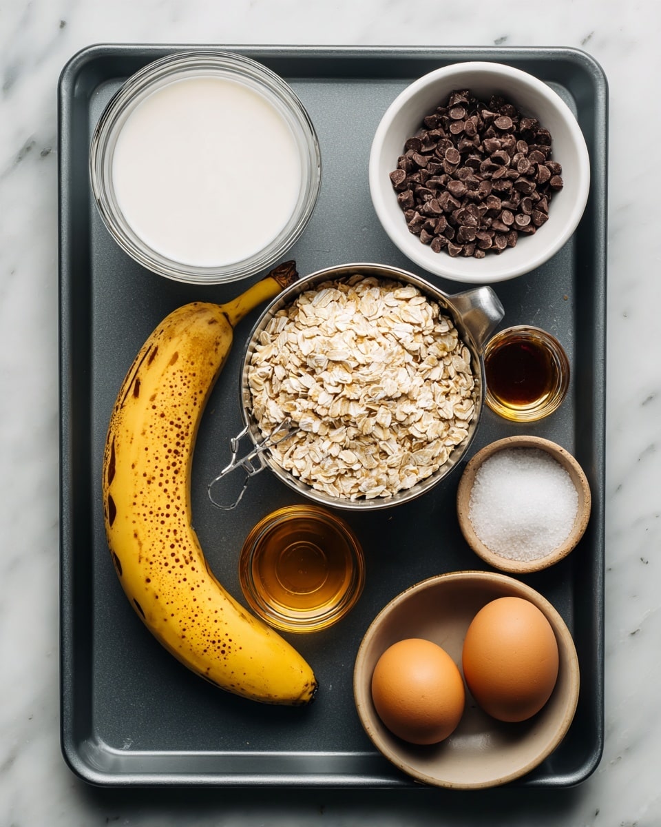 A top-down view of a dark gray baking tray holding several ingredients on a white marbled surface. On the tray, there is a glass bowl of white milk in the top left corner, next to a white bowl filled with small chocolate chips placed on the top right. Below the milk, a metal measuring cup overflows with light beige rolled oats, positioned near the center. Below the oats, a yellow banana with brown spots lies horizontally on the left side. To the right of the banana, a small glass container holds golden honey. Below that, a small glass container with dark amber liquid, possibly vanilla extract, sits near the bottom center. Near the bottom right, there is a small tan bowl with white powder, cinnamon, and salt on it. Finally, two brown eggs rest side by side in the bottom right corner of the tray. Photo taken with an iphone --ar 4:5 --v 7