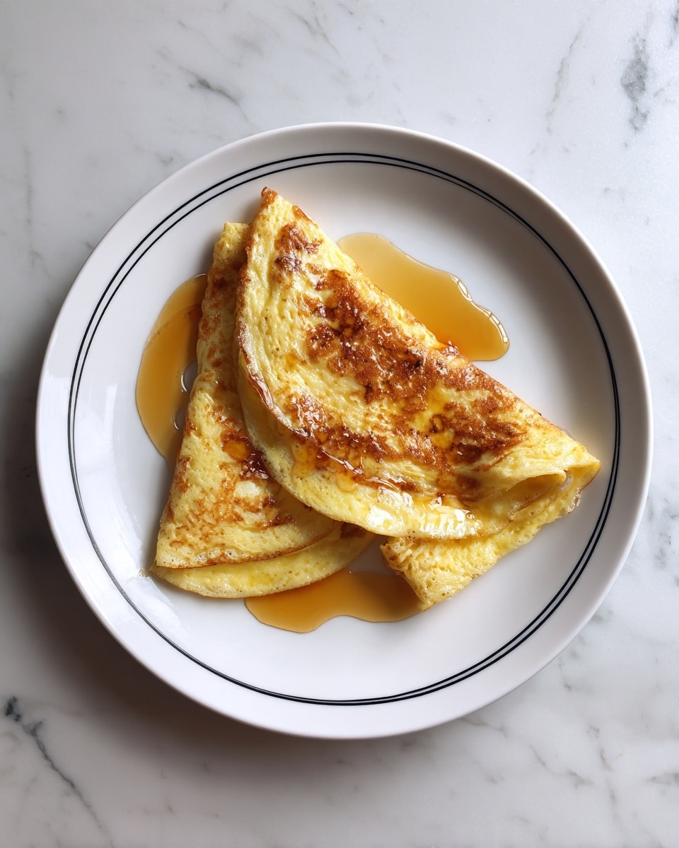 A white plate with a simple black line design holds a folded omelette with a light golden color and some browned spots. The omelette is drizzled with sticky golden syrup that pools slightly on the plate around the edges. The plate sits on a white marbled surface, creating a clean and bright background. photo taken with an iphone --ar 4:5 --v 7