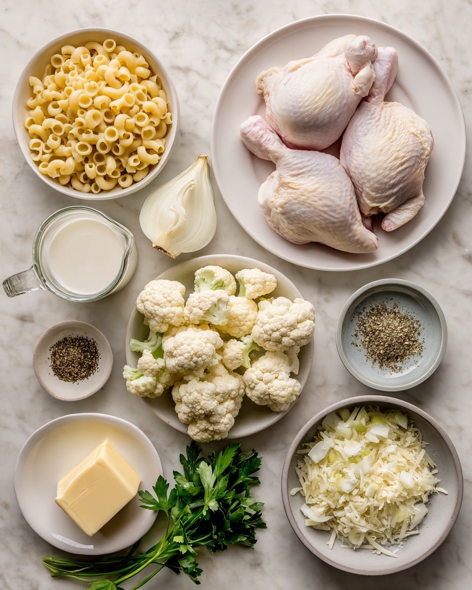 The image shows an overhead view of fresh cooking ingredients placed on a white marbled surface. A large white plate holds two raw chicken pieces at the top right. Surrounding the chicken are various small white bowls and dishes: one with small uncooked elbow macaroni, another with cauliflower florets, a bowl of chopped shallots, and a bowl with chopped garlic cloves. A small glass cup with milk, a bowl with mixed herbs, a small dish with ground black pepper, a small dish with a square of butter, and a gray bowl filled with grated cheese complete the arrangement. Some fresh parsley lies to the side of the bowls. Everything is neatly arranged and clear. photo taken with an iphone --ar 4:5 --v 7
