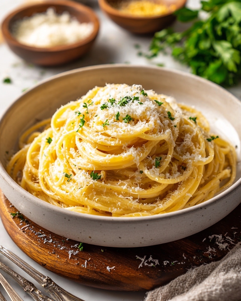 A close-up of a bowl of spaghetti pasta layered in a pale gray bowl on a white marbled surface, with long, creamy yellow noodles piled high in smooth, looping swirls. On top, a generous layer of finely grated white cheese covers the center, sprinkled lightly with small bright green parsley leaves for color contrast. Around the bowl, there are hints of a dark wooden cutting board, old silver utensils, and small bowls of more cheese and fresh herbs. The background is softly blurred with rich green leaves. photo taken with an iphone --ar 4:5 --v 7