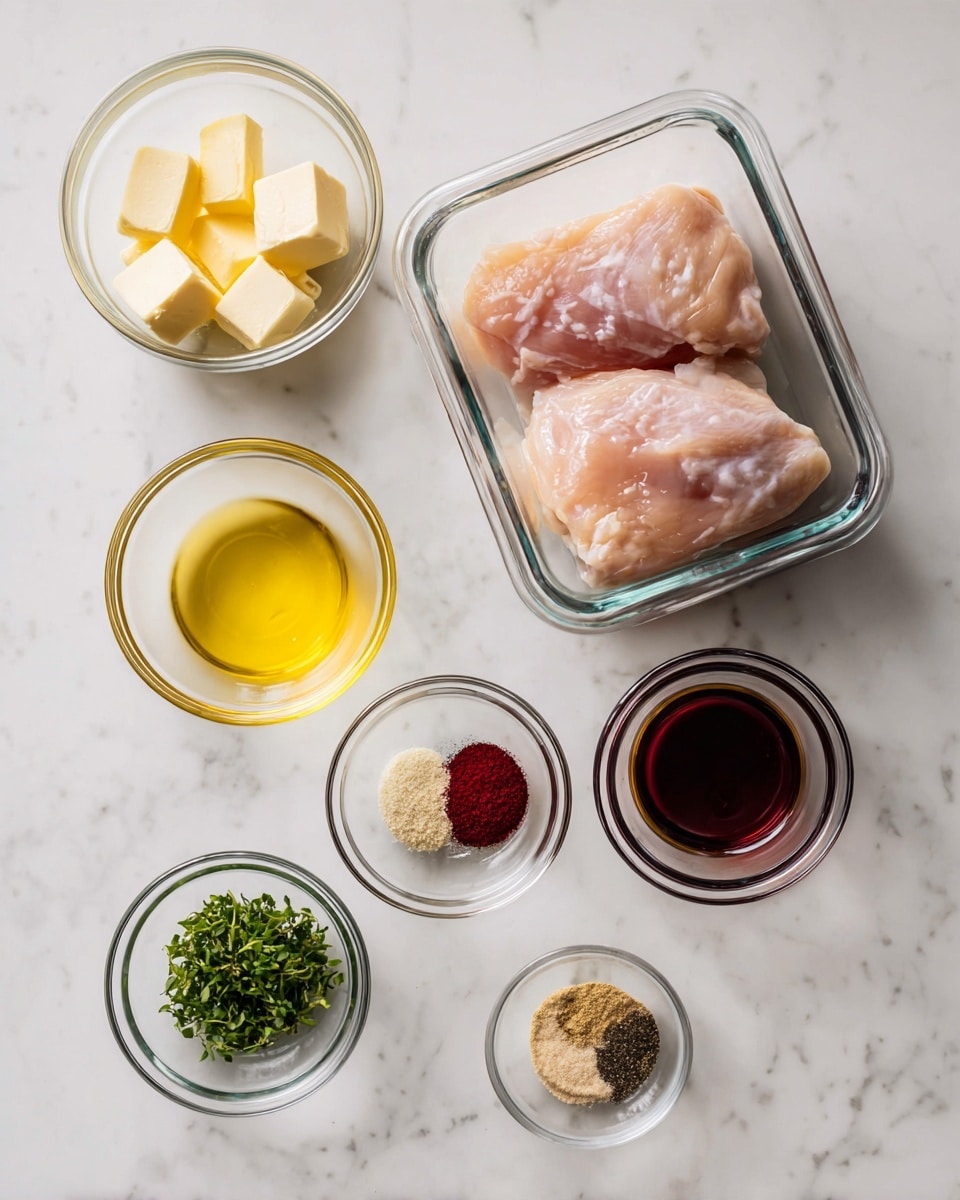 The image shows a clean top view of ingredients arranged on a white marbled surface. In the center is a clear rectangular glass container holding two pieces of raw light pink chicken. Surrounding it are small clear bowls holding different ingredients: one with three pale yellow butter cubes, another with a golden yellow liquid, a small bowl of dark red powder, a bowl with light brown powder, and another with black pepper. There are two more bowls at the bottom; one has a small amount of bright green chopped herbs, and the other contains a dark honey-colored liquid. The setup is neat and well spaced. Photo taken with an iphone --ar 4:5 --v 7