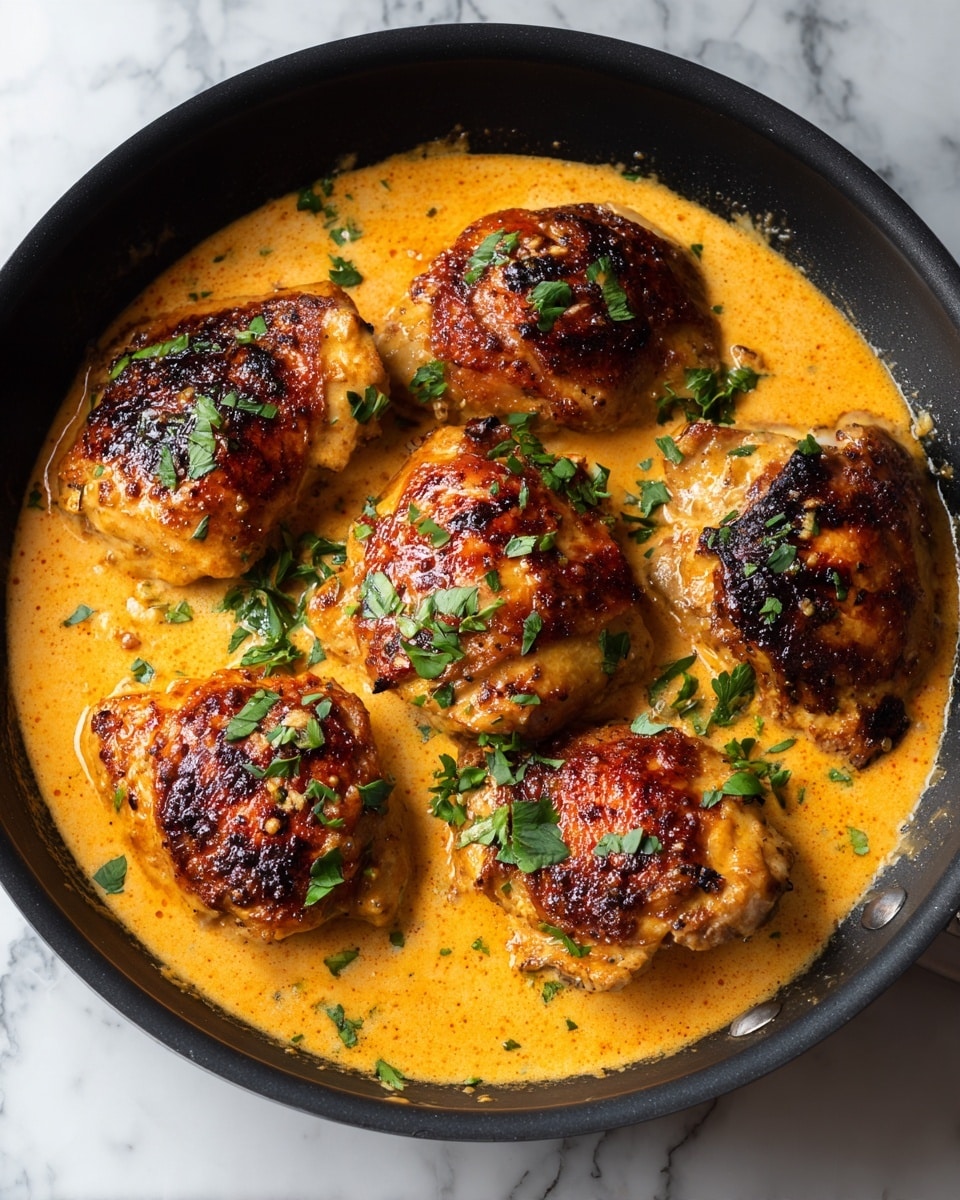 A black pan filled with five golden-brown cooked chicken pieces covered in a thick, creamy orange sauce. The chicken has crispy, slightly charred spots on top giving a textured look. Small green parsley leaves are sprinkled on the chicken and sauce adding a fresh touch. The sauce has a smooth, glossy surface with some visible herbs mixed in. The pan is set against a white marbled surface. photo taken with an iphone --ar 4:5 --v 7