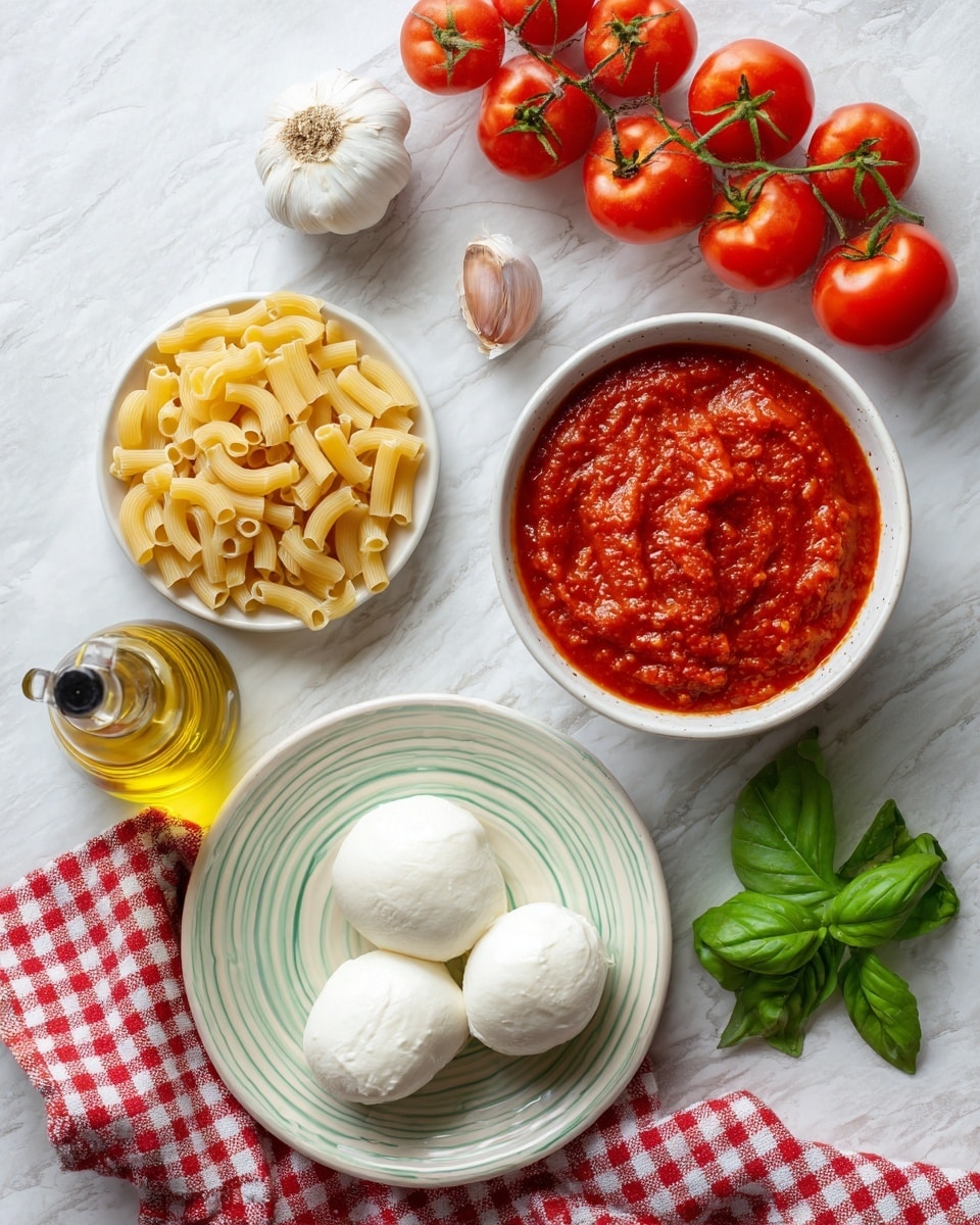 The image shows raw pasta pieces layered in a white plate on the left, with a bunch of bright red tomatoes above it, and a small glass bottle of olive oil and a garlic bulb near the center on a white marbled surface. To the right, there is a white bowl filled with thick red tomato sauce. Below, two balls of soft white mozzarella are placed on a round plate with light green and blue stripes. Fresh green basil leaves lie beside the plates on a red and white checkered cloth. Photo taken with an iphone --ar 4:5 --v 7