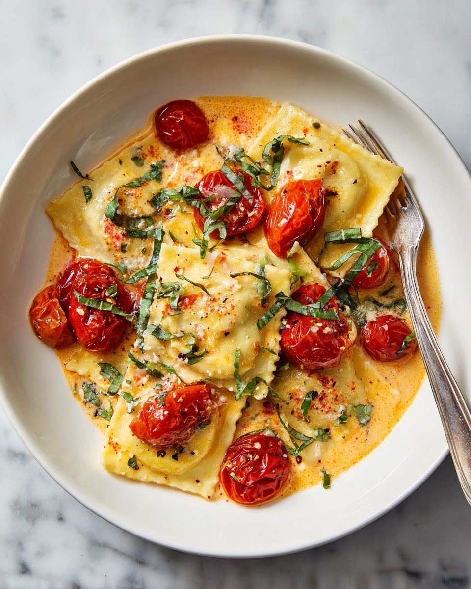 A white round bowl holds a creamy pasta dish with large, square ravioli pieces that are pale yellow and slightly glossy, layered on top and slightly overlapping. Bright red cherry tomatoes, some whole and some softened with burst skins, sit scattered throughout the dish. White melted cheese pools around the ravioli and tomatoes, creating a smooth texture with slight browning in places. Small pieces of fresh green basil leaves are sprinkled over the top, adding a fresh color contrast. The sauce beneath the ingredients is light orange with a smooth, slightly oily surface. A silver fork rests on the white marbled surface next to the bowl. photo taken with an iphone --ar 4:5 --v 7