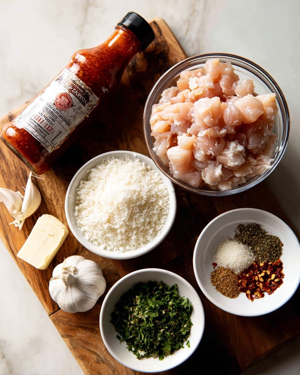 The image shows a collection of cooking ingredients arranged on a wooden surface with a bottle of Rao's homemade tomato basil sauce tilted in the top left corner. In the center is a clear glass bowl filled with small, light pink chunks of raw chicken. Below it to the left is a white bowl full of white panko breadcrumbs and directly under that are three garlic cloves resting against two small uneven blocks of butter. To the right of the chicken bowl is a small white bowl with a mixture of dried herbs, red chili flakes, and a light powder. Below this is another white bowl containing chopped fresh green herbs. The whole setup is on a clean, white marbled texture surface. photo taken with an iphone --ar 4:5 --v 7