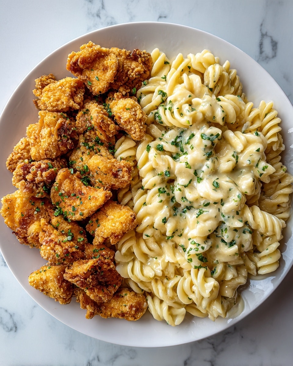 The image shows a white plate filled with two main layers side by side. On the left side, there are several golden brown, crispy cooked chicken pieces arranged closely together, with a light glaze of green herbs sprinkled on top. On the right side, there is a large portion of creamy rotini pasta covered in a light sauce with finely chopped green herbs scattered evenly throughout. The plate is placed on a white marbled surface. photo taken with an iphone --ar 4:5 --v 7