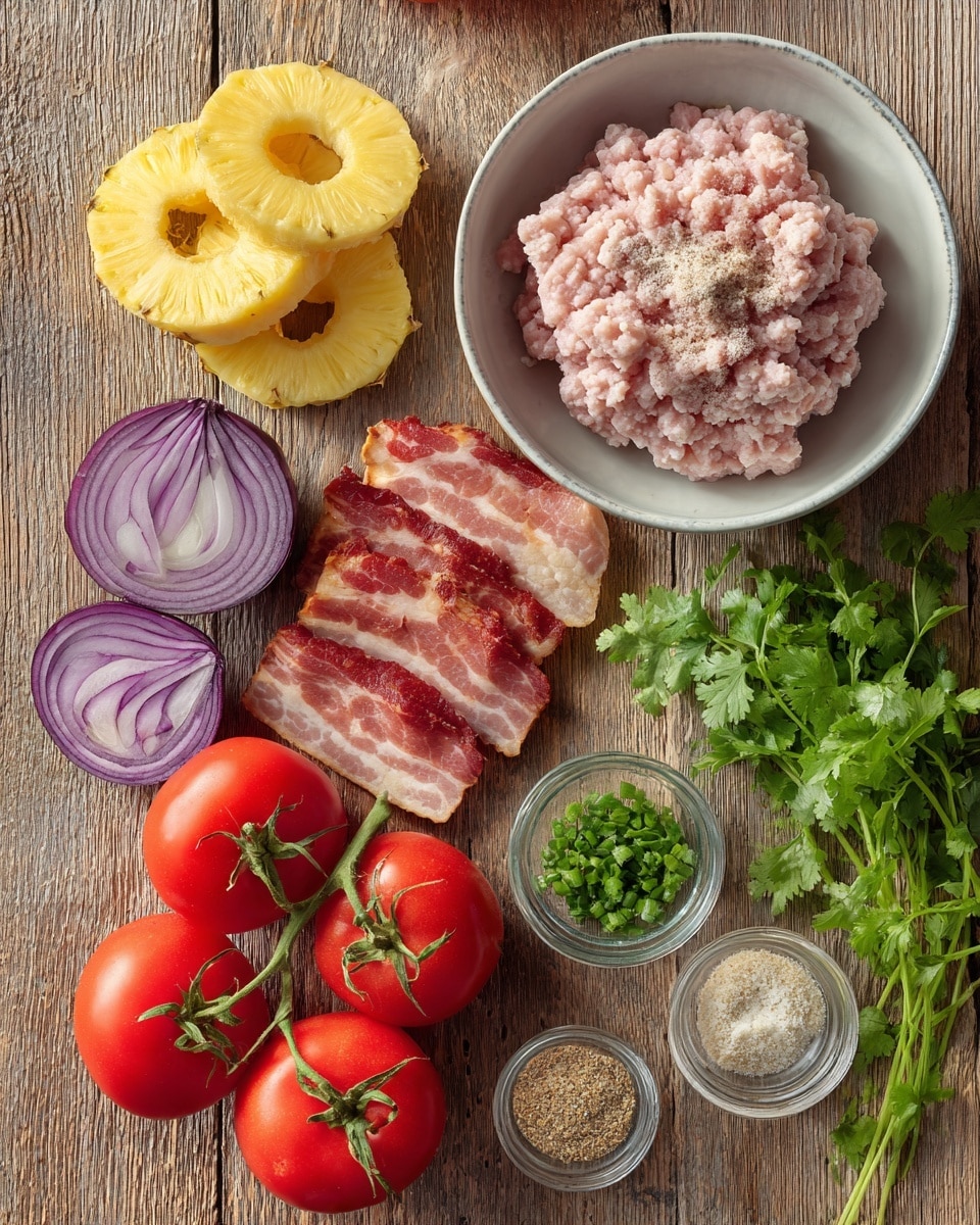 The image shows fresh ingredients arranged on a wooden surface: five yellow pineapple rings stacked on the left, a white bowl filled with pale pink ground meat with some seasoning on top in the upper right, and a pack of Canadian bacon slices placed in the center. Below, three bright red tomatoes on the vine rest on the left, next to several purple onion rings scattered near the bottom center. There are small clear bowls filled with green chopped herbs and light-colored spices near the right, along with some sprigs of fresh cilantro scattered around. photo taken with an iphone --ar 4:5 --v 7