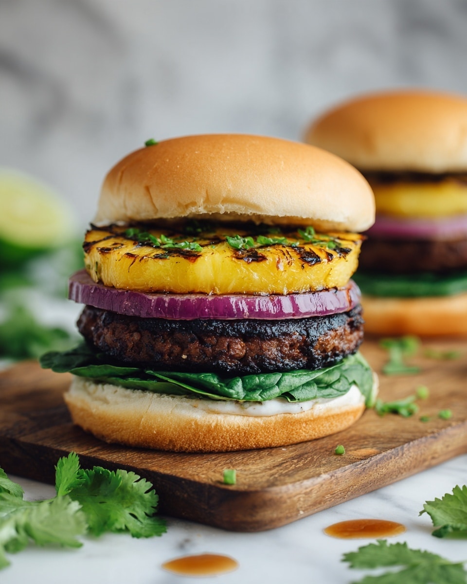 A white soft bun sandwich sits on a wooden board over a white marbled surface, with two stacked layers visible: the bottom layer is dark green fresh spinach leaves, followed by a thick, dark brown grilled patty. Above the patty is a large slice of purple grilled onion, topped with a thick, golden grilled pineapple ring with visible char marks and some green herb bits sprinkled on top. The top part of the bun is slightly domed and light brown, completing the sandwich. Around the sandwich, fresh green cilantro leaves and some brown sauce droplets offer extra color contrast. Another similar sandwich is visible slightly blurred in the background. Photo taken with an iphone --ar 4:5 --v 7