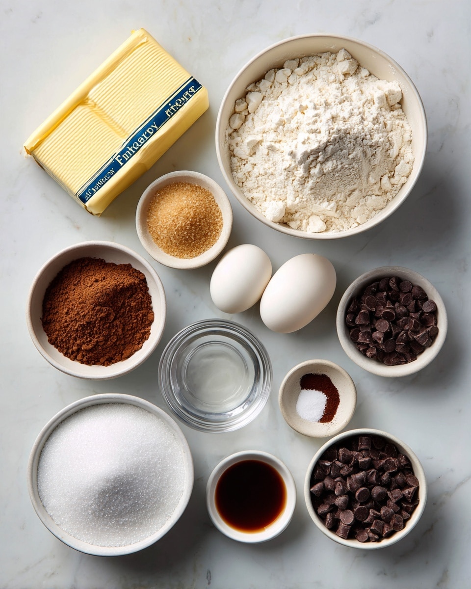 A white marbled surface holds an arrangement of baking ingredients: a rectangular stick of salted butter in yellow and blue wrapper sits at the top left; next to it is a white bowl filled with white flour and baking powder mixed in; below, a small white bowl holds light brown sugar, beside it a glass bowl with a single white egg; around them are four small white bowls containing dark brown vanilla extract, white baking soda, brown cinnamon powder, and dark and milk chocolate chips; a larger white bowl filled with white granulated sugar is placed on the bottom left. The ingredients are neatly arranged in a balanced, slightly curved layout. photo taken with an iphone --ar 4:5 --v 7