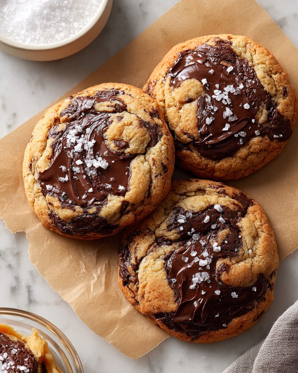 The image shows three large round cookies with a golden-brown base and swirls of melted dark brown chocolate on top. Each cookie has a slightly shiny and soft texture, with scattered flakes of white sea salt enhancing the surface. They are placed on a light brown parchment paper, which rests on a white marbled texture. Near the top left, a small white bowl with coarse white salt is partially visible, and at the bottom left, a clear glass bowl with a portion of the dough is also seen. The overall scene gives a warm, fresh-baked feeling. Photo taken with an iphone --ar 4:5 --v 7
