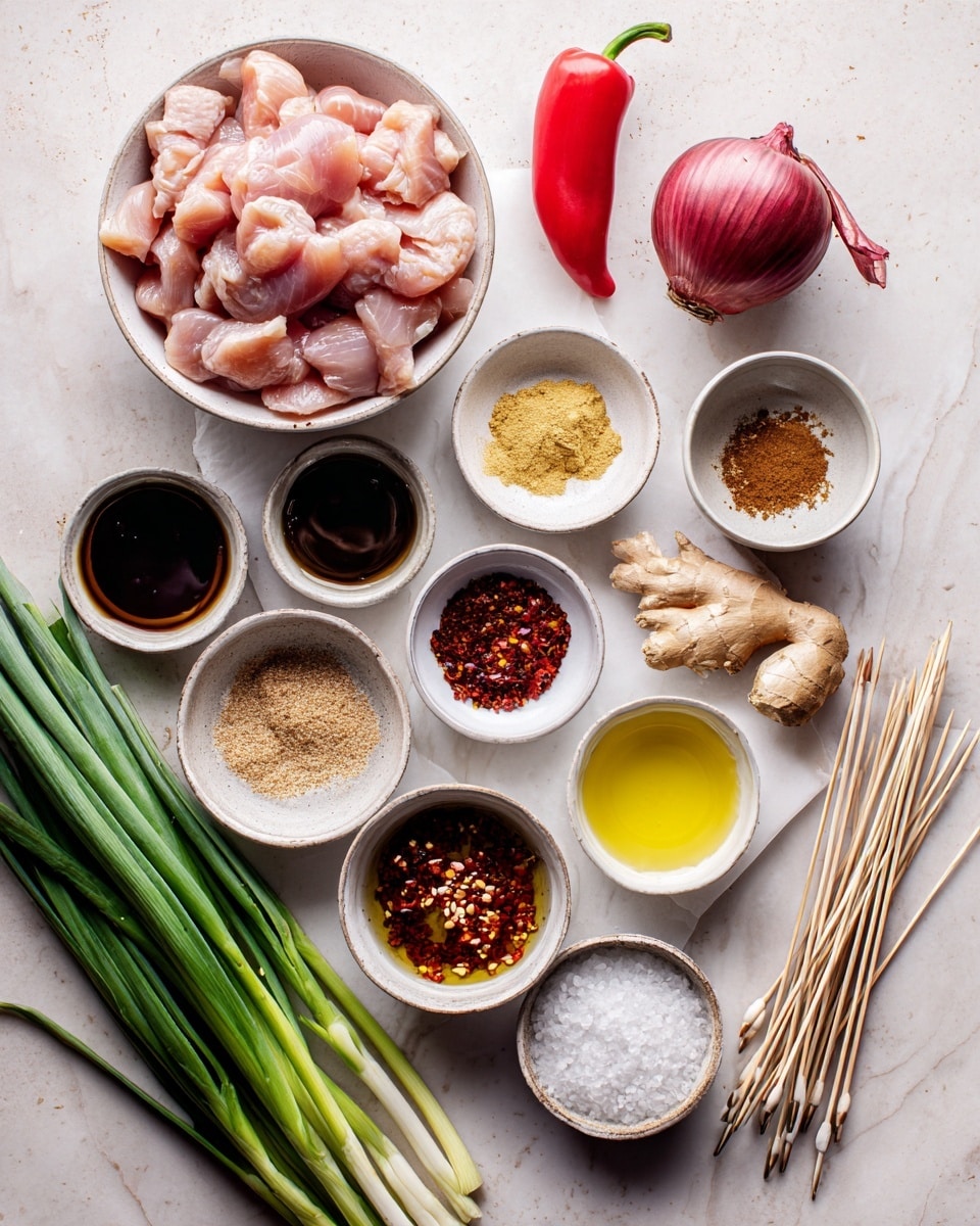 The image shows a top view of many ingredients on a white marbled surface. In the middle, there is one round white bowl filled with raw cut chicken pieces that are light pink. Around it, there are five small white bowls with different sauces and powders, including dark brown, clear light yellow, light brown sugar, and a reddish sauce with visible chili flakes. A whole red onion and a piece of fresh ginger root are positioned near the bowls. There is also a small garlic bulb next to uncooked skewers, some white sesame seeds in a small bowl, long green spring onions, stalks of lemongrass, a bright red bell pepper, and a small white dish with white powder. photo taken with an iphone --ar 4:5 --v 7