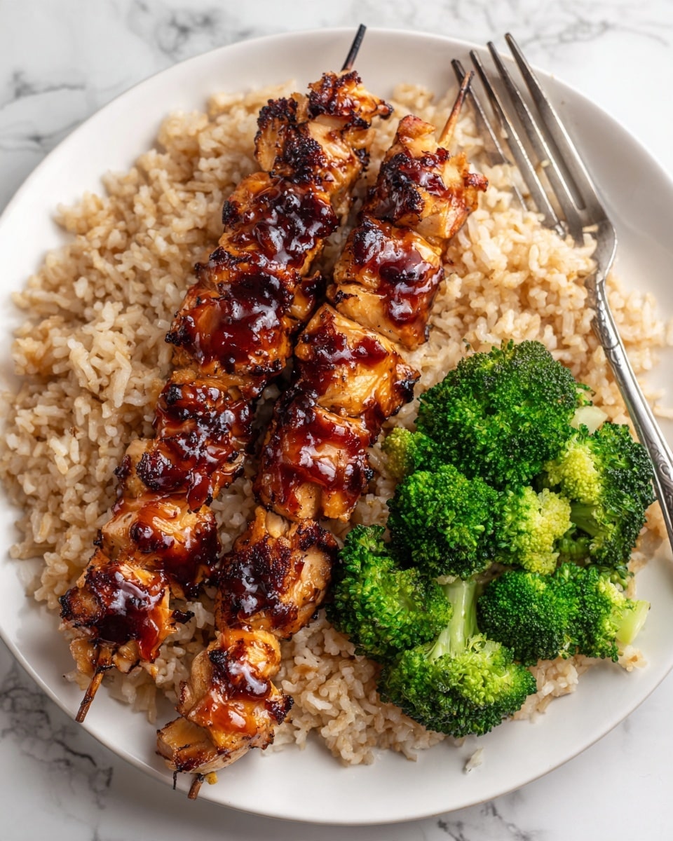 The image shows a white plate filled with a base layer of light brown cooked rice. On top of the rice, there are three grilled skewers of chicken with a shiny dark reddish-brown glaze that looks sticky and rich, each skewer placed close to each other, with the longest skewer in the middle. To the right side of the plate, there is a small mound of bright green steamed broccoli with a fresh and crisp texture, with some florets partially touching the rice. The plate is set on a white marbled surface, and a silver fork lies behind the broccoli. Photo taken with an iphone --ar 4:5 --v 7