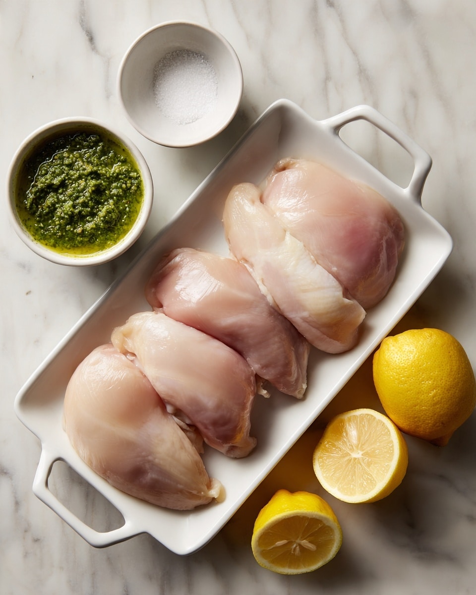 Four raw chicken pieces are laid in a row on a white rectangular plate with handles on each side. The chicken is pale pink and smooth. Next to the plate are three small white round bowls arranged vertically; the top bowl contains white salt, the middle one holds green pesto sauce with a thick texture, and the bottom part shows a whole lemon and a lemon half with bright yellow skin and juicy flesh. All items are placed on a white marbled surface. Photo taken with an iphone --ar 4:5 --v 7