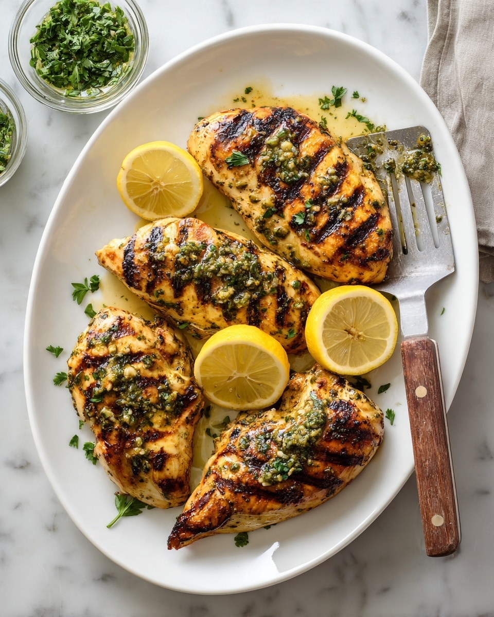 The image shows a white oval plate with three grilled chicken pieces that have dark grill marks and a green herb sauce on their surface. Around the chicken are six lemon wedges, some sitting on the plate and others leaning on the chicken, bright yellow with white edges. Small green parsley leaves are sprinkled over the chicken and placed near the lemon wedges. On the right side of the plate is a metal spatula with a wooden handle resting on the plate’s rim. The plate is placed on a white marbled surface with a small glass bowl of chopped green herbs visible in the top left corner photo taken with an iphone --ar 4:5 --v 7