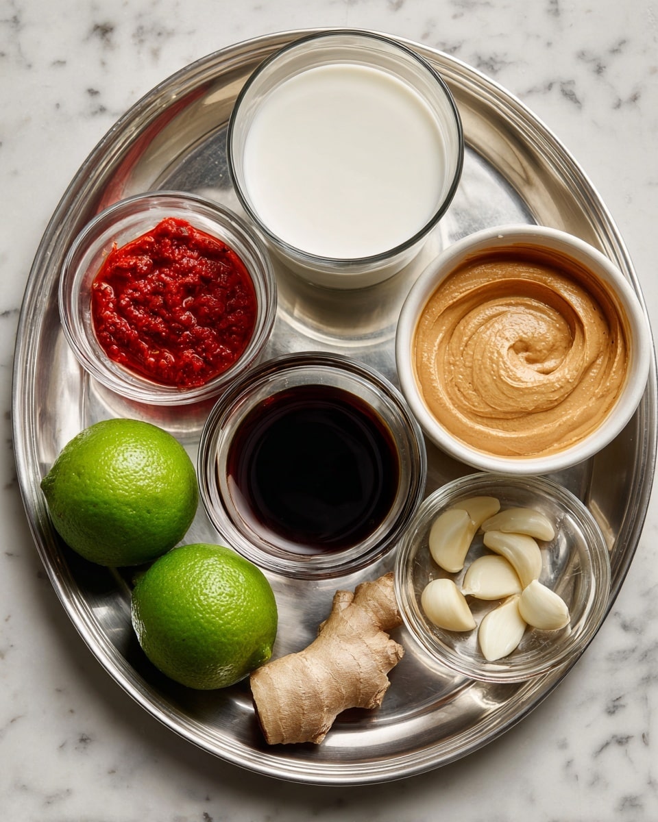 A silver metal tray holds a small white bowl filled with smooth light brown peanut butter on the top right and a clear glass filled with white coconut milk on the top left. Below the coconut milk is a clear glass with dark brown soy sauce. To the right of the soy sauce are two small silver metal bowls, one with chunky red chili sauce and the other with several peeled white garlic cloves. At the bottom left of the tray are two whole bright green limes and a small piece of pale brown fresh ginger root. The tray sits on a white marbled surface. photo taken with an iphone --ar 4:5 --v 7