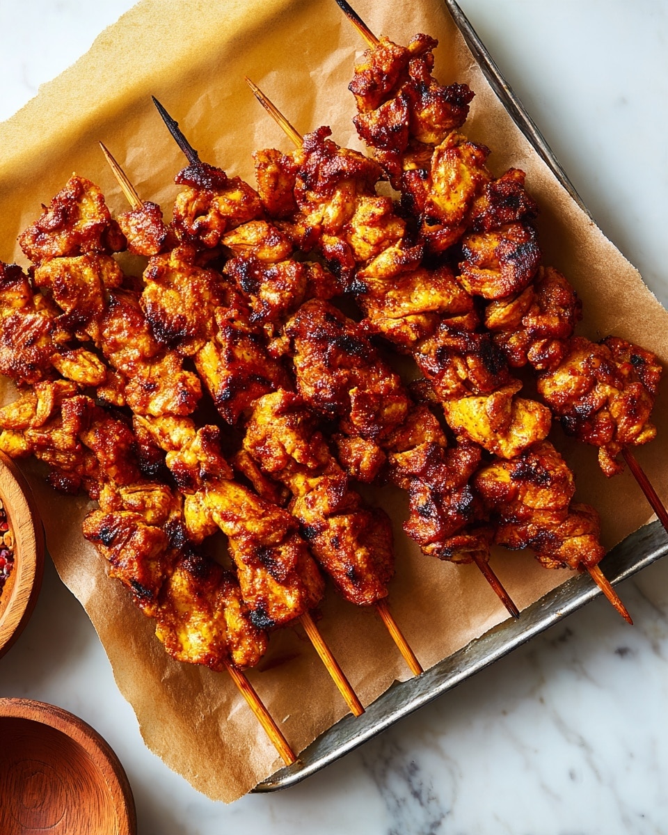 The image shows seven wooden skewers placed side by side on a sheet of brown parchment paper on a silver baking tray. Each skewer is loaded with curled pieces of golden brown grilled meat, which has a slightly crispy texture. The meat pieces are irregular in shape and closely packed, giving a layered look of bumpy, uneven surfaces with a rich brown color and some hints of spices. The tray is set on a white marbled texture surface. In the bottom left corner, there's a small part of a wooden bowl visible. photo taken with an iphone --ar 4:5 --v 7