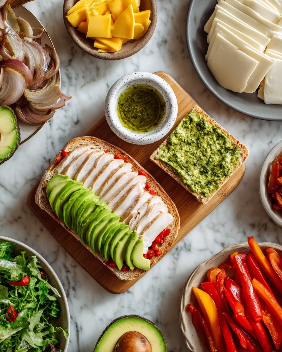 A wooden board on a white marbled surface holds an open sandwich with two layers: the bottom slice has red spread with green avocado slices, topped with several thin slices of pale white turkey arranged in a fan shape, and the top slice is spread with a thick, greenish pesto spread. At the center of the board is a small white speckled bowl filled with green pesto oil. Surrounding the board are various ingredients: halved avocado with seed, a white plate with stacked white cheese slices, a white bowl with bright yellow mustard, a gray plate with red roasted peppers, a green basket of fresh greens, a metal bowl with cooked onions, and a small white bowl with red spread. Photo taken with an iphone --ar 4:5 --v 7
