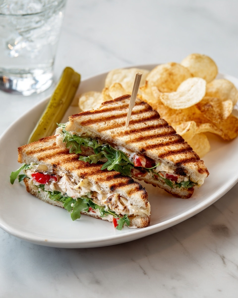 A white plate on a white marbled surface holds a toasted sandwich cut diagonally into two triangular halves, held together by a small wooden skewer. The sandwich has three visible layers: golden-brown grilled bread on the top and bottom with clear grill marks, fresh green arugula leaves peeking from the sides, and light brown melted cheese with red bell peppers and a creamy spread inside. Next to the sandwich are thin, round, crispy potato chips and a green pickle on the upper edge of the plate. A clear glass with water is partially visible in the background. Photo taken with an iphone --ar 4:5 --v 7