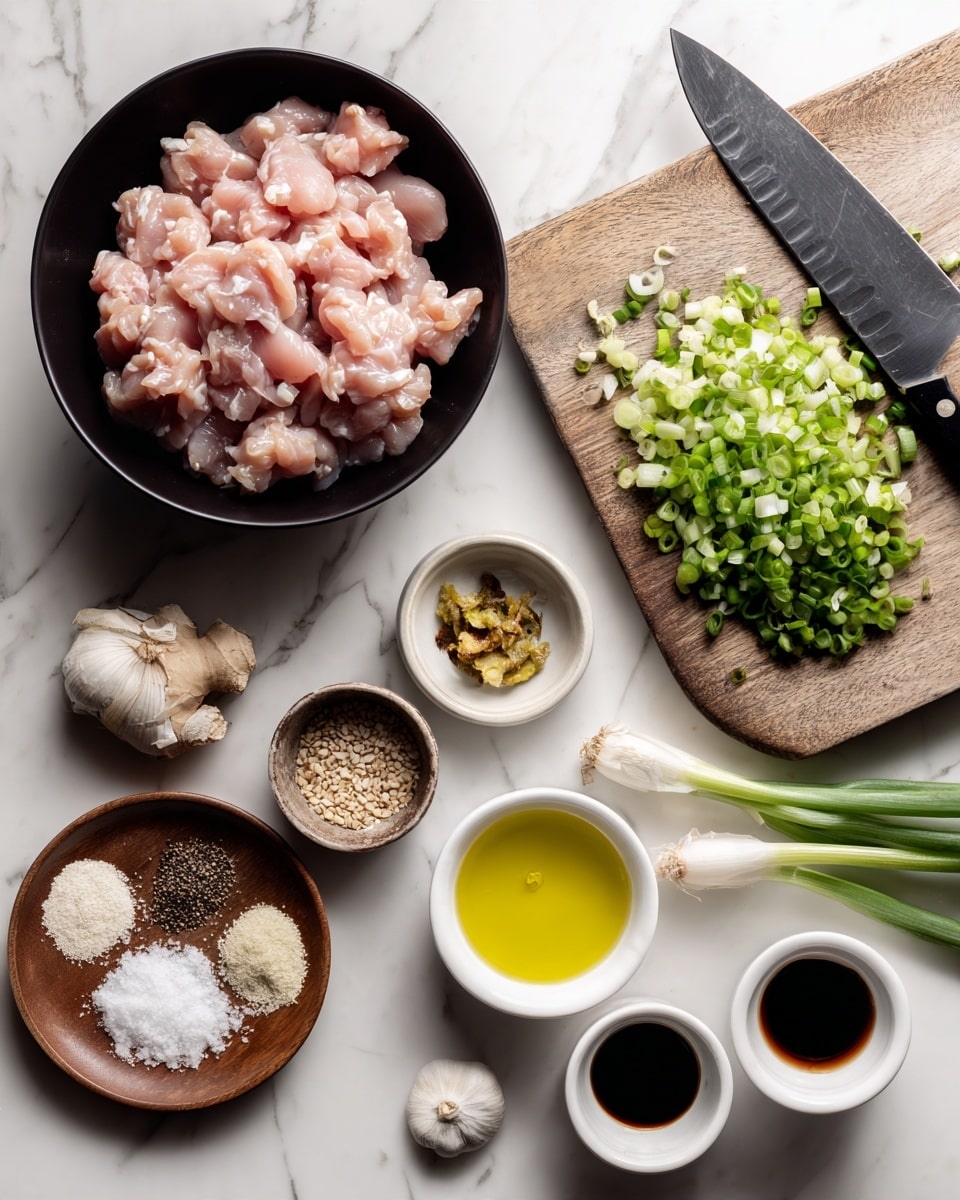 The image shows several ingredients arranged on a white marbled surface. In the top left corner, there is a black bowl filled with raw pink chicken pieces. To the right, a wooden cutting board holds chopped green onions, with a large knife positioned nearby. Around the center, there are small brown bowls with minced ginger and garlic. Below these, three white bowls contain clear yellow oil, dark brown sauce, and light-colored liquid respectively. At the bottom left, a round wooden plate holds small piles of white salt, black pepper, white sesame seeds, and a white powdery ingredient. The items are spaced out neatly and photographed from above. Photo taken with an iphone --ar 4:5 --v 7