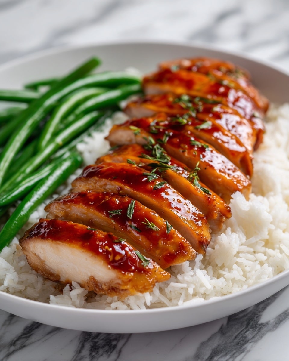 The image shows a close-up of sliced glazed chicken pieces arranged in a slightly curved line over a bed of white rice that covers most of the plate. To the left side of the chicken and rice, there is a small bunch of green beans with a smooth texture and vibrant green color. The plate itself is white and sits on a white marbled surface. The glaze on the chicken is shiny and rich in color, with a slight reddish-brown tone, giving the chicken a moist and cooked appearance. photo taken with an iphone --ar 4:5 --v 7