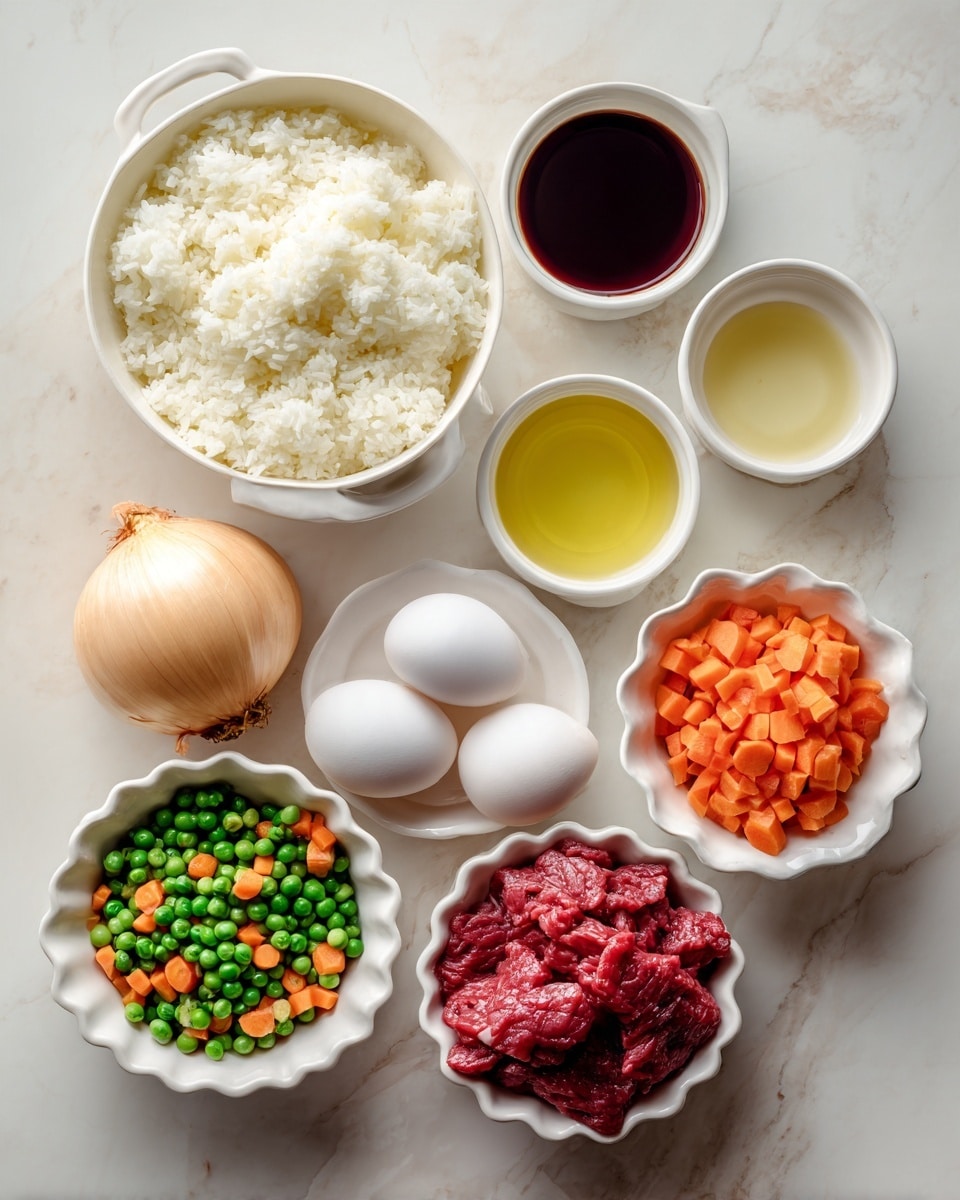 The image shows several white dishes and bowls on a white marbled surface, each holding different ingredients. At the top left, a large white bowl is filled with fluffy, cooked white rice. To its right, there are three small white bowls in a cluster, holding dark red sauce, light yellow liquid, and dark soy sauce respectively. Below them, a whole, unpeeled yellow onion and two whole white eggs are placed side by side. At the bottom left, a white scalloped bowl contains a mix of green peas and diced orange carrots. Next to it on the right, a white bowl holds thin strips of raw red beef. A small white bowl with light yellow oil is near the beef. The overall look is clean and bright with a clear focus on the fresh ingredients. Photo taken with an iphone --ar 4:5 --v 7
