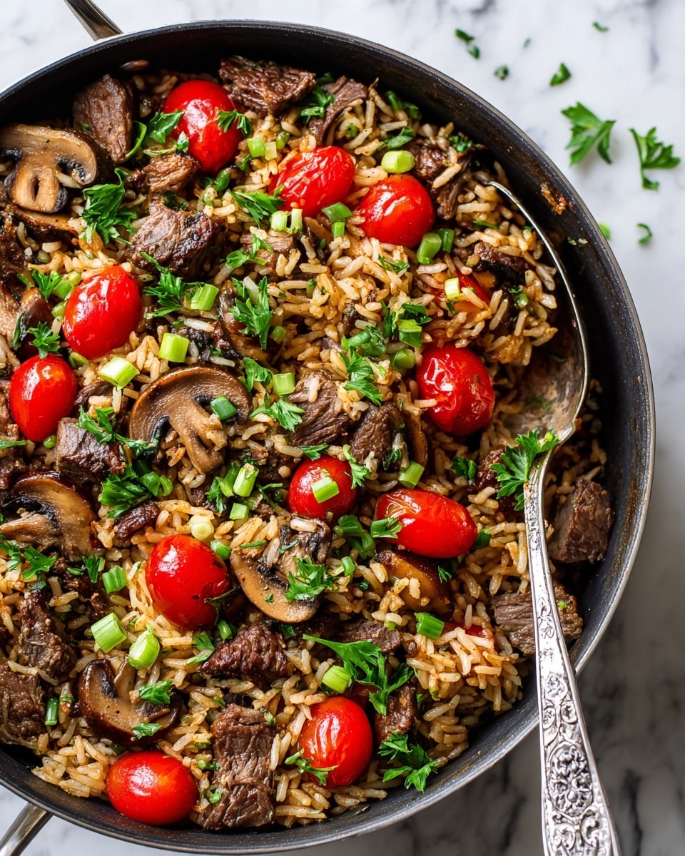 A close-up view of a large skillet filled with a colorful dish of cooked rice mixed with browned beef pieces and sliced mushrooms. Scattered throughout are halved bright red cherry tomatoes and chopped green onions, all topped with fresh green parsley leaves, creating a vibrant mix of red, brown, and green colors. The skillet sits on a white marbled surface, and a silver spoon rests inside the skillet on the right side. The food looks well-cooked with a slightly glossy texture, and the ingredients are evenly spread across; photo taken with an iphone --ar 4:5 --v 7
