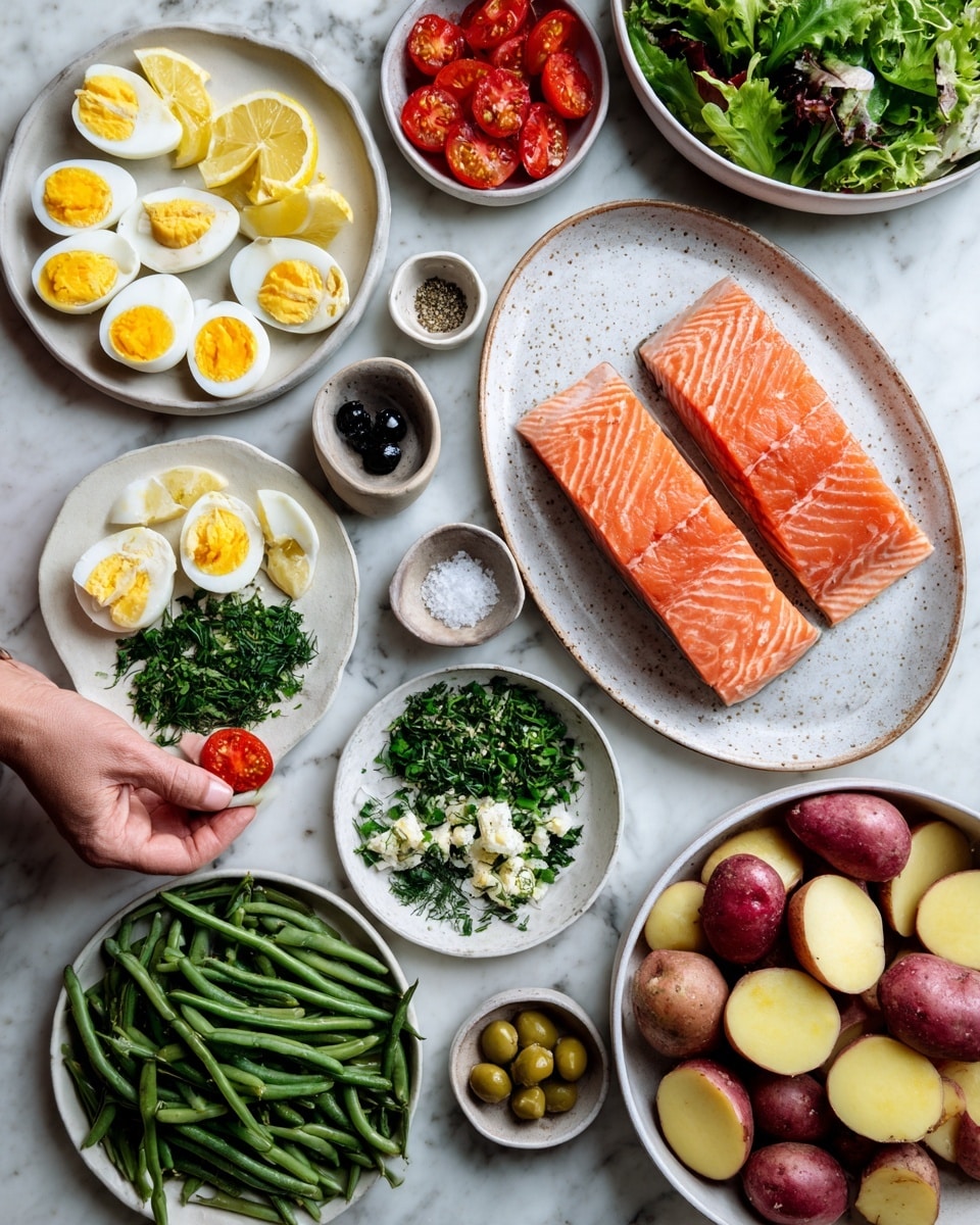 The image shows an overhead view of neatly arranged fresh ingredients on a white marbled surface. In the top left, a white plate holds halved boiled eggs, lemon wedges, and bright red cherry tomatoes sliced in halves. Below, a round white plate contains four piles of finely chopped green herbs varying in shade and texture. To the right, an oval white plate displays two thick pieces of vibrant orange raw fish fillet. Surrounding these central plates are small bowls with salt, black pepper, olives, and capers. Fresh green beans and leafy salad greens fill large white bowls at the top right and bottom left. A large white bowl at the bottom right is full of halved red potatoes with creamy yellow centers. A woman's hand holds a cherry tomato at the left edge, adding a touch of interaction. The scene is bright and colorful, with clean, fresh ingredients arranged in a visually pleasing way. photo taken with an iphone --ar 4:5 --v 7