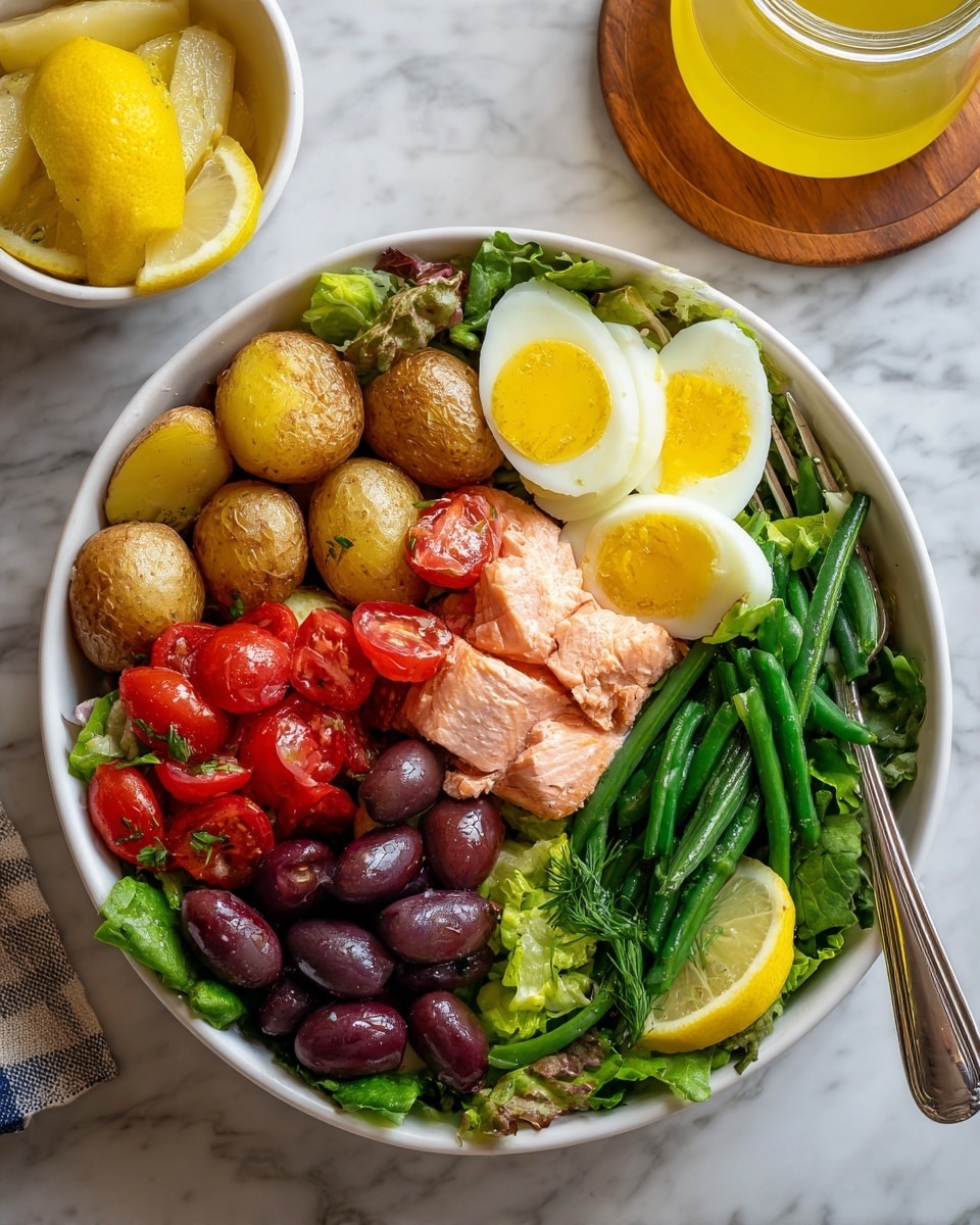 A white bowl filled with a fresh salad on a white marbled surface, layered with mixed green leafy lettuce as the base covering the entire bowl. On top, neatly arranged in sections, are golden brown sliced roasted potatoes to the left, halved red cherry tomatoes next to the potatoes, two halves of a boiled egg with bright yellow yolks near the top center, a piece of cooked pink salmon placed in the middle, dark purple olives forming a cluster near the bottom, bright green string beans to the right, and three thin lemon slices on mixed greens near the bottom right edge. A silver fork rests inside the bowl on the right side. In the background on the marbled surface, there is a small white bowl with lemon slices on a wooden coaster and a glass jar filled with yellow liquid. Photo taken with an iphone --ar 4:5 --v 7