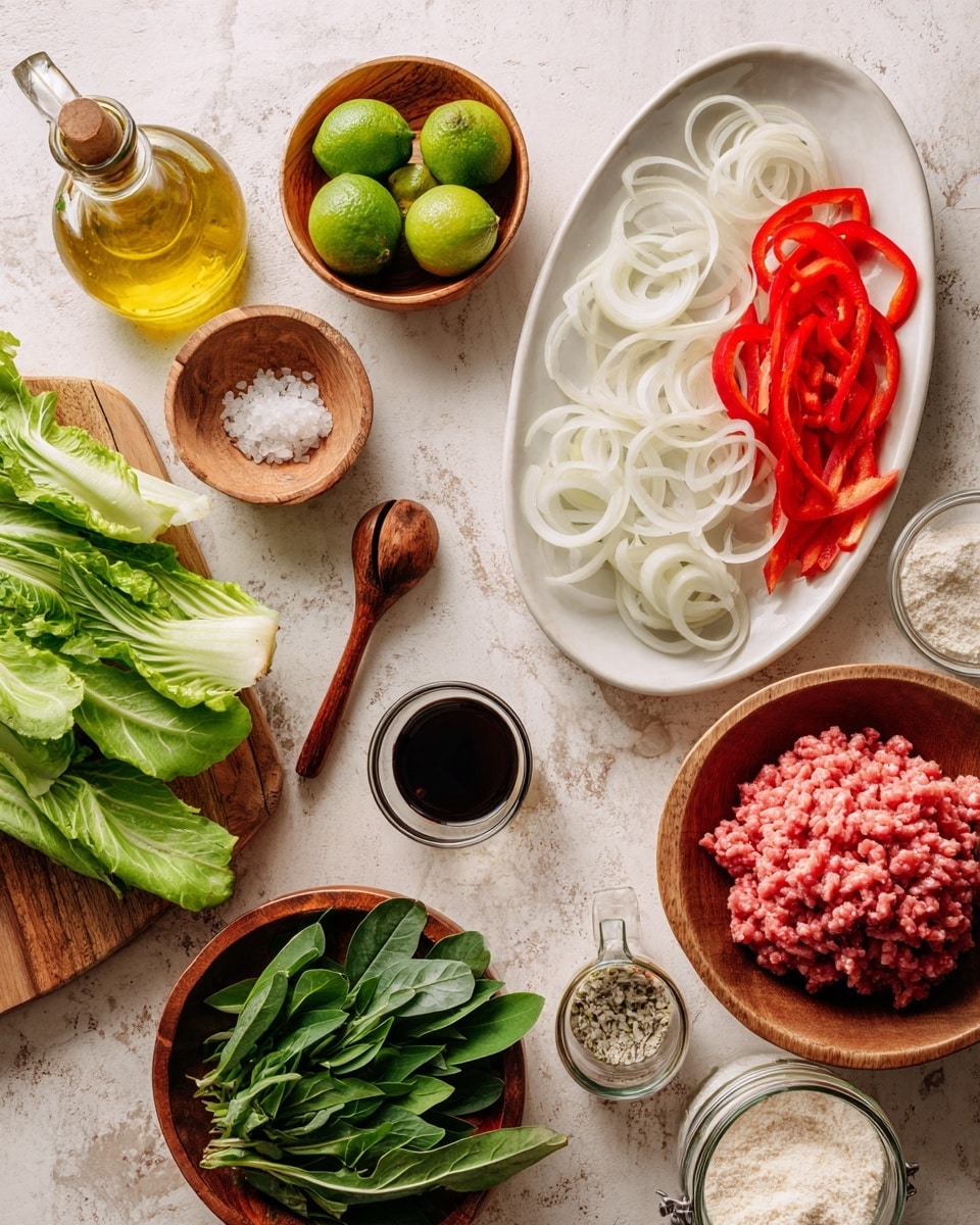 On a surface with white marbled texture, there is an oval white plate on the upper right filled with two layers: thinly sliced white onions on the left and thin strips of bright red bell pepper on the right. Around this plate are several small wooden bowls and clear glass containers holding different ingredients: minced garlic and ginger in a wooden spoon, coarse salt in a small bowl, and dark soy sauce in a clear measuring cup. To the top left of the plate is a glass bottle of golden oil, a wooden citrus juicer with lime juice in a small glass jar, and halved limes. A wooden bowl with fresh green lettuce leaves is on the left side of the image. Center bottom has green bok choy leaves fanning out. A larger wooden bowl filled with raw ground meat, with a rough texture and light red color, sits bottom left. Fresh green herbs fill a wooden bowl on the right side. A glass jar of white powder with a metal clasp is in the lower right corner. photo taken with an iphone --ar 4:5 --v 7