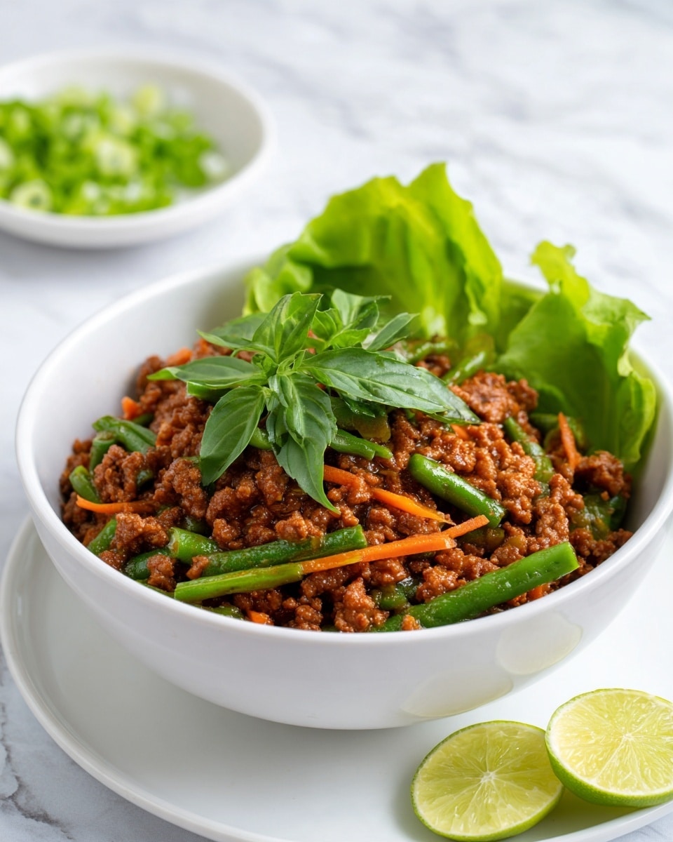 The image shows a white bowl filled with cooked ground meat mixed with chopped green beans and thin carrot sticks, all coated in a dark sauce. On top of the meat mixture, there is a small bunch of fresh green basil leaves. The bowl is placed on a white plate that also holds two lime wedges and fresh green lettuce leaves. In the background, there is a small white bowl containing sliced green onions. The surface is a white marbled texture. Photo taken with an iphone --ar 4:5 --v 7