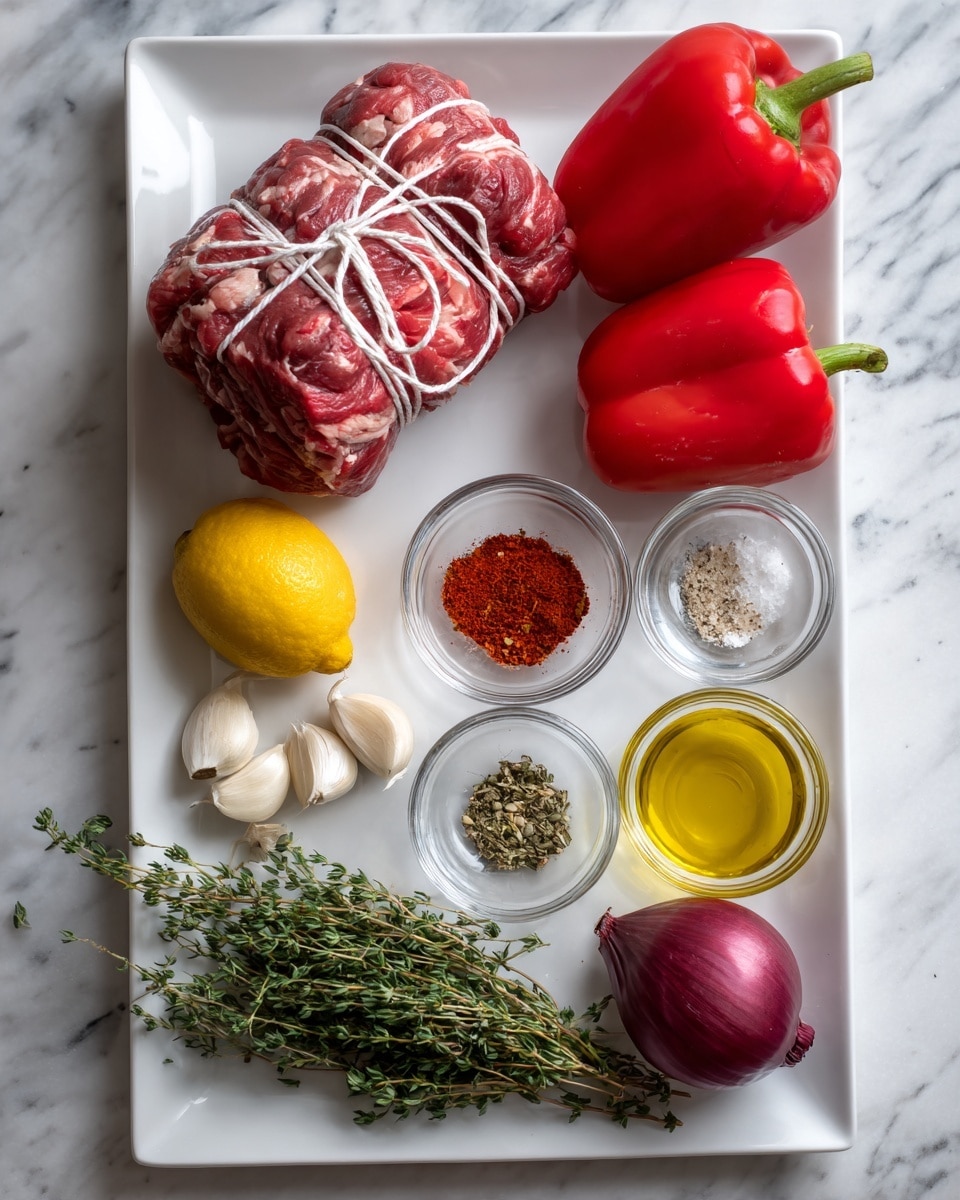 The image shows ingredients placed neatly on a white rectangular plate set on a white marbled surface. There is a large piece of raw meat tied with white and red string, positioned at the top left of the plate. To the right of the meat, two bright red bell peppers sit side by side. Below the peppers are several small glass bowls containing spices and oil: one with paprika powder, one with red pepper flakes, one with salt, one with olive oil, and one with dried herbs. In the bottom left corner, there are three peeled garlic cloves next to a bunch of fresh thyme sprigs. A whole yellow lemon sits on the left side near the paprika bowl, and a whole purple onion is placed near the bottom right corner. The scene looks clean and organized with good lighting. Photo taken with an iphone --ar 4:5 --v 7