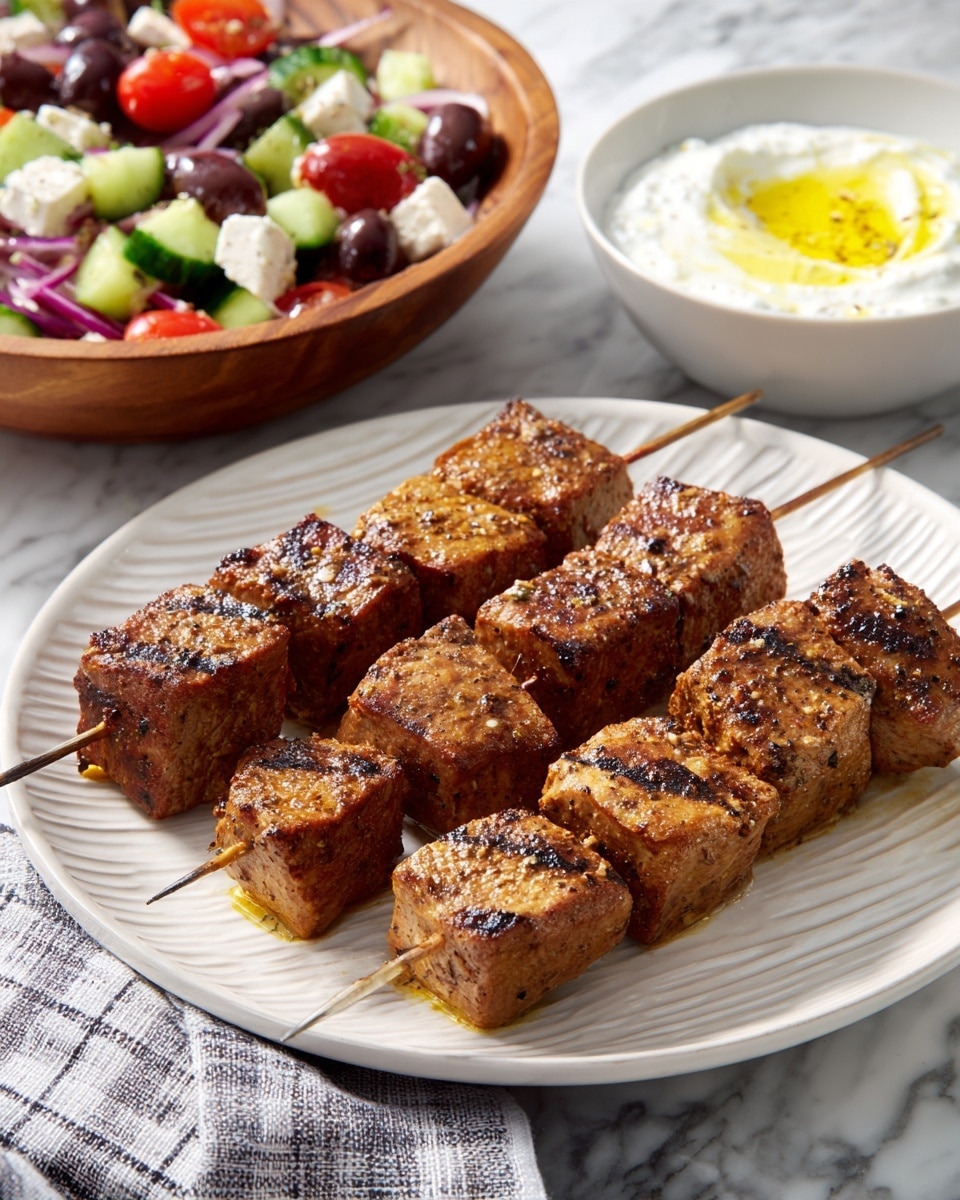 The image shows three skewers of grilled meat cubes placed on a white plate with subtle diagonal lines. Each skewer holds about five to six pieces of meat, with a golden-brown char and grill marks that give a smoky look. The meat pieces vary slightly in size and have a textured surface showing some seasoning. In the background, part of a wooden bowl with a salad made of dark purple olives, chopped cucumbers, cherry tomatoes, and white cheese chunks is visible. Next to the bowl, there is a white bowl with a creamy yogurt sauce topped with a small drizzle of olive oil. The setting is on a white marbled surface with a grey and white checkered cloth underneath, creating a fresh and clean table look. photo taken with an iphone --ar 4:5 --v 7
