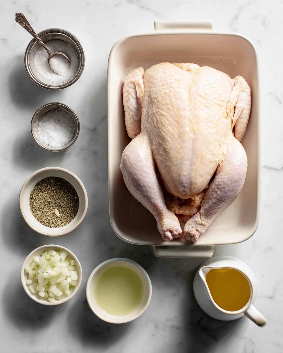 The image shows a whole raw chicken placed inside a white rectangular baking dish on a white marbled surface. To the left of the dish, there are six small containers arranged in two rows. The top row has a small metal container with a spoon holding salt, a small shiny metal container with a spout, and a small white bowl filled with dried herbs. The bottom row has a small round bowl with a light green liquid, another small round bowl with chopped onions, and a small white pitcher with a golden liquid, likely oil. The scene is clean and organized, with soft natural light highlighting the textures of the chicken skin and the ingredients around it. photo taken with an iphone --ar 4:5 --v 7