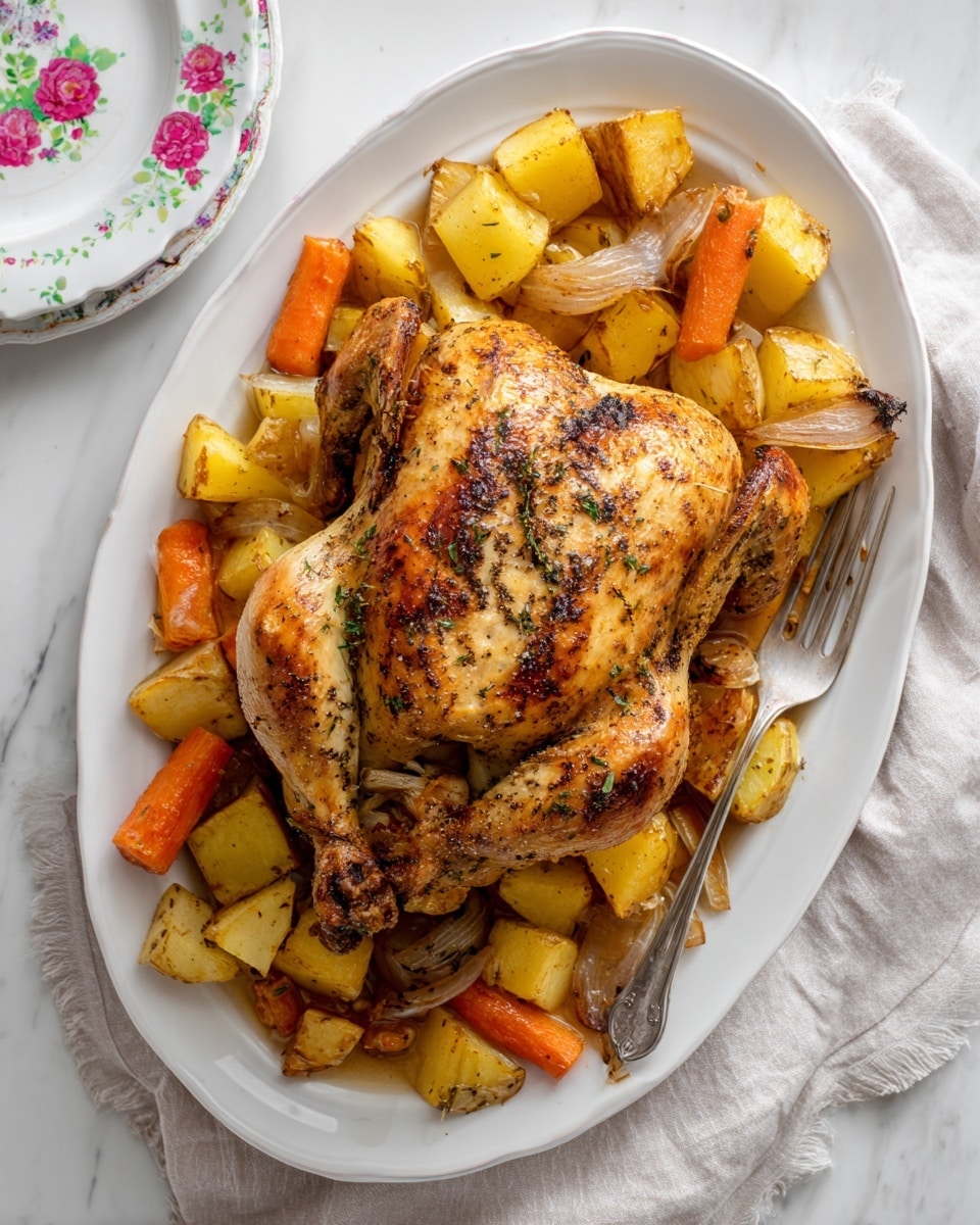 A whole roasted chicken with golden brown, slightly seasoned skin is placed in the center of a white oval plate. Underneath and around the chicken, there are chunky pieces of roasted potatoes in pale yellow and roasted carrots in bright orange, along with small pieces of roasted onion in light golden color. A silver fork rests on the right edge of the plate. The plate is set on a white marbled surface, and a side plate with a floral pattern sits near the top left corner. Photo taken with an iphone --ar 4:5 --v 7