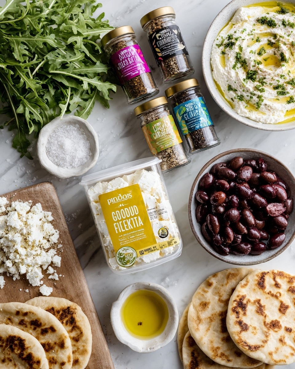 A flat lay image of cooking ingredients arranged on a white marbled surface. At the center, there is a white container of Pindos crumbled feta cheese with a yellow label. Above it to the left, a small white bowl filled with coarse salt and another small white bowl below with golden olive oil. To the right of the feta, there is a glass jar of dark purple kalamata olives with a colorful label and gold lid. Above the feta and olives, two glass spice jars side by side, one with black pepper and the other with garlic powder, both labeled