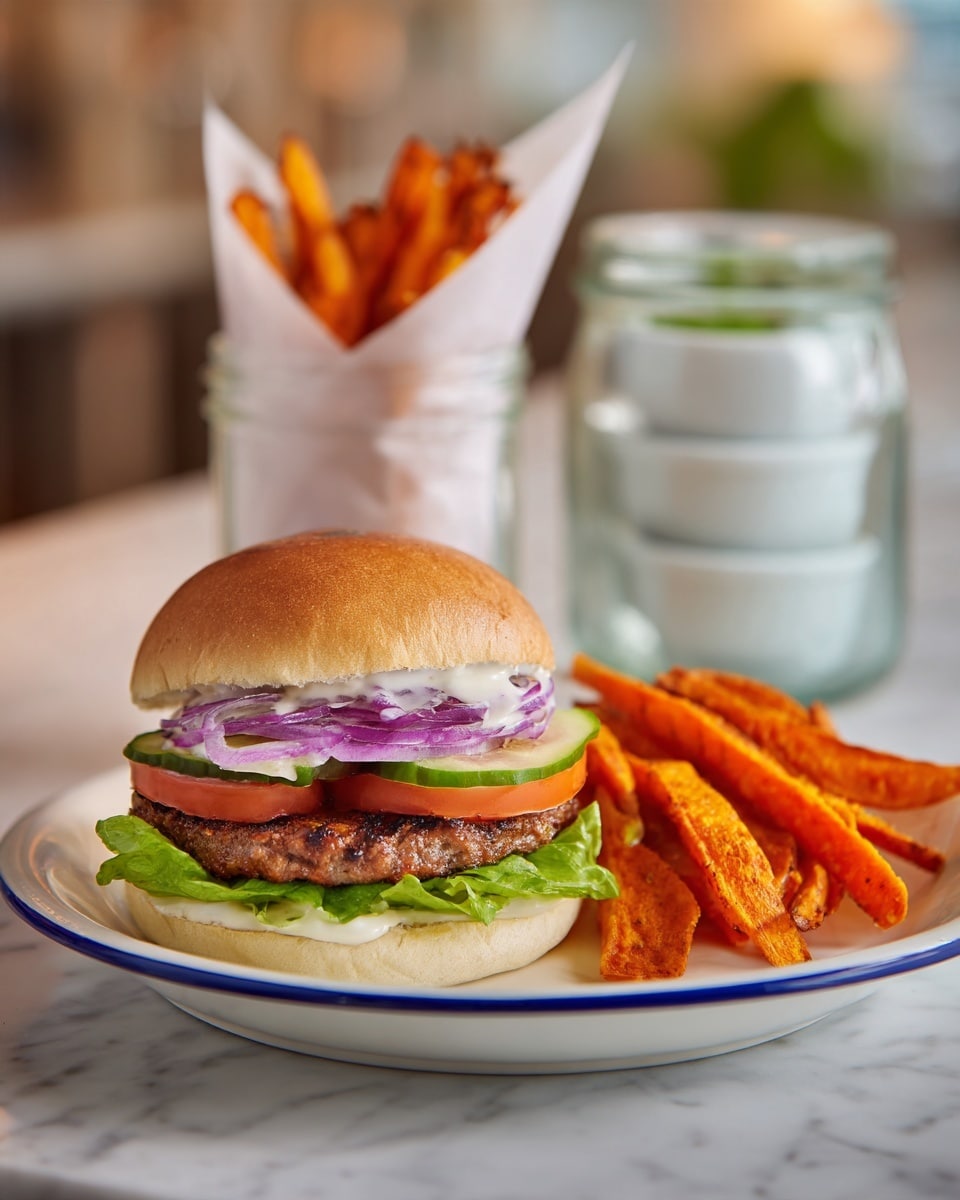 A white plate with a blue rim holds a burger and a side of sweet potato fries. The burger has five layers: at the bottom is a soft off-white bun, followed by green leafy lettuce with ruffled edges, a browned grilled patty, a layer of white sauce spread over the patty, then slices of red tomato, thin purple onion rings, and cucumber slices, topped with the soft shiny light brown top bun. Next to the burger are bright orange crispy sweet potato fries, some laid flat on the plate. In the background, a clear jar filled with more sweet potato fries wrapped in white parchment paper, and two stacked white bowls with a green sauce inside, sit on a white marbled surface. photo taken with an iphone --ar 4:5 --v 7