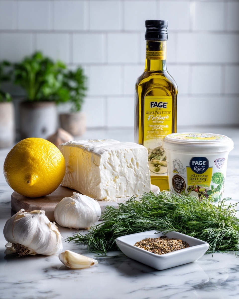 The image shows fresh ingredients arranged on a white marbled surface, including a whole yellow lemon on the left, a garlic bulb slightly in front of it, a block of creamy feta cheese wrapped with a label in the center, a bottle of olive oil standing tall behind, a container of FAGE Total yogurt on the right, a small white square dish filled with mixed spices in the front, and a bunch of fresh green dill herbs spread near the yogurt and spices. The background is a white tiled wall. Photo taken with an iphone --ar 4:5 --v 7