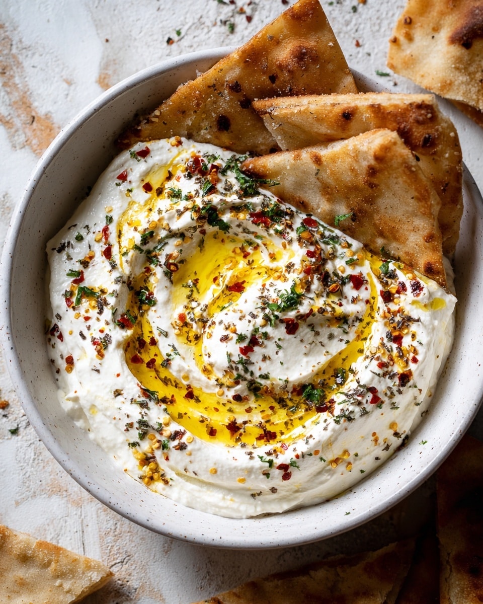 The image shows a white bowl filled with creamy white yogurt or dip that has a smooth but slightly textured surface. There are swirls of golden olive oil drizzled on top, along with sprinkles of black pepper, red chili flakes, and small green herb bits scattered evenly across the surface. Three triangular pieces of toasted flatbread are placed resting inside the bowl at the top edge, while three more pieces lie on the wooden textured surface nearby. The bowl is placed on a white marbled surface with a rustic look. Photo taken with an iphone --ar 4:5 --v 7