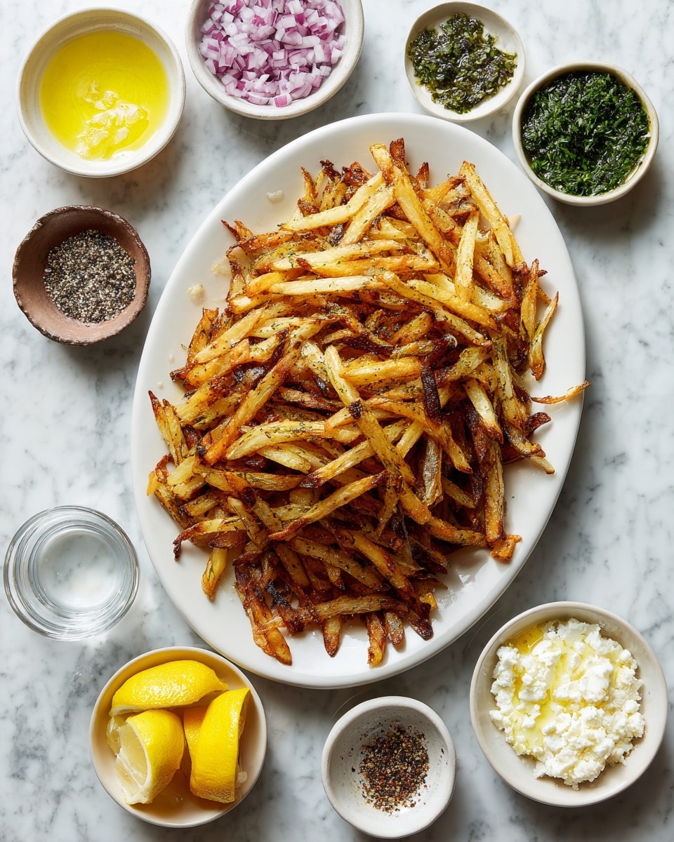 A large white oval plate is filled with golden-brown, crispy fries stacked unevenly, showing some darker, toasted edges. Surrounding the plate are seven small round bowls filled with various ingredients: one bowl has finely chopped red onions, another contains a light green herb mix, a third bowl holds finely chopped dark green herbs, a fourth is filled with crumbly white cheese, a fifth bowl contains a yellow liquid, likely oil, a sixth is filled with three bright yellow lemon wedges, and the last bowl has a thick white creamy substance, probably yogurt. A small glass container holds a clear white liquid, and another tiny bowl contains a mix of black and white spices. All bowls rest on a white marbled surface photo taken with an iphone --ar 4:5 --v 7