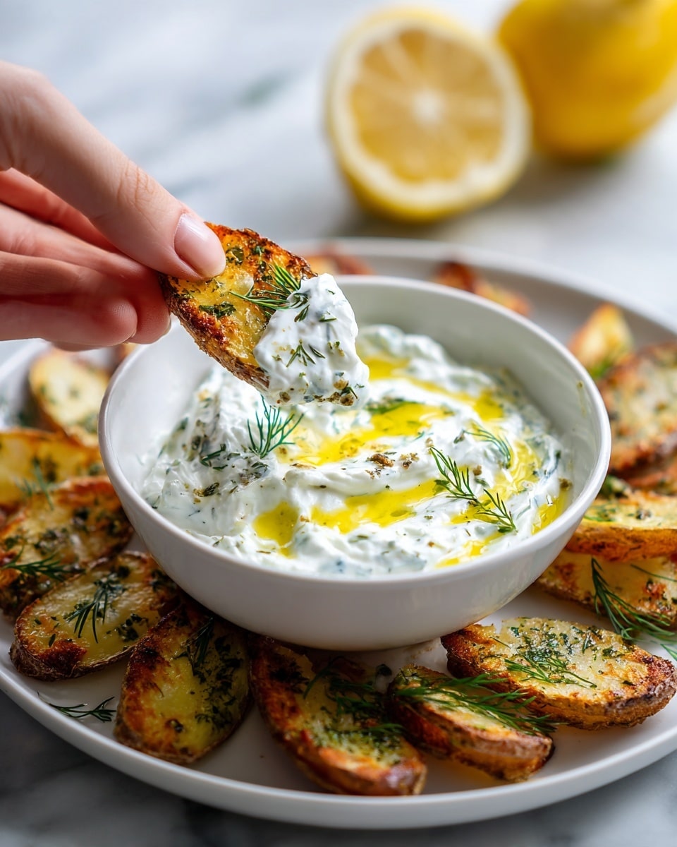 A white bowl filled with creamy white yogurt sauce mixed with green dill and herbs, topped with a drizzle of bright yellow olive oil and small green dill sprigs. A woman's hand is holding a crispy, golden-brown potato wedge sprinkled with herbs and a small white dollop of sauce, dipping it into the bowl. The bowl sits on a white plate with more golden-brown herb-covered potato wedges arranged around it. In the blurred background, there are two lemon halves showing a pale yellow inside. The setting is a white marbled surface. photo taken with an iphone --ar 4:5 --v 7