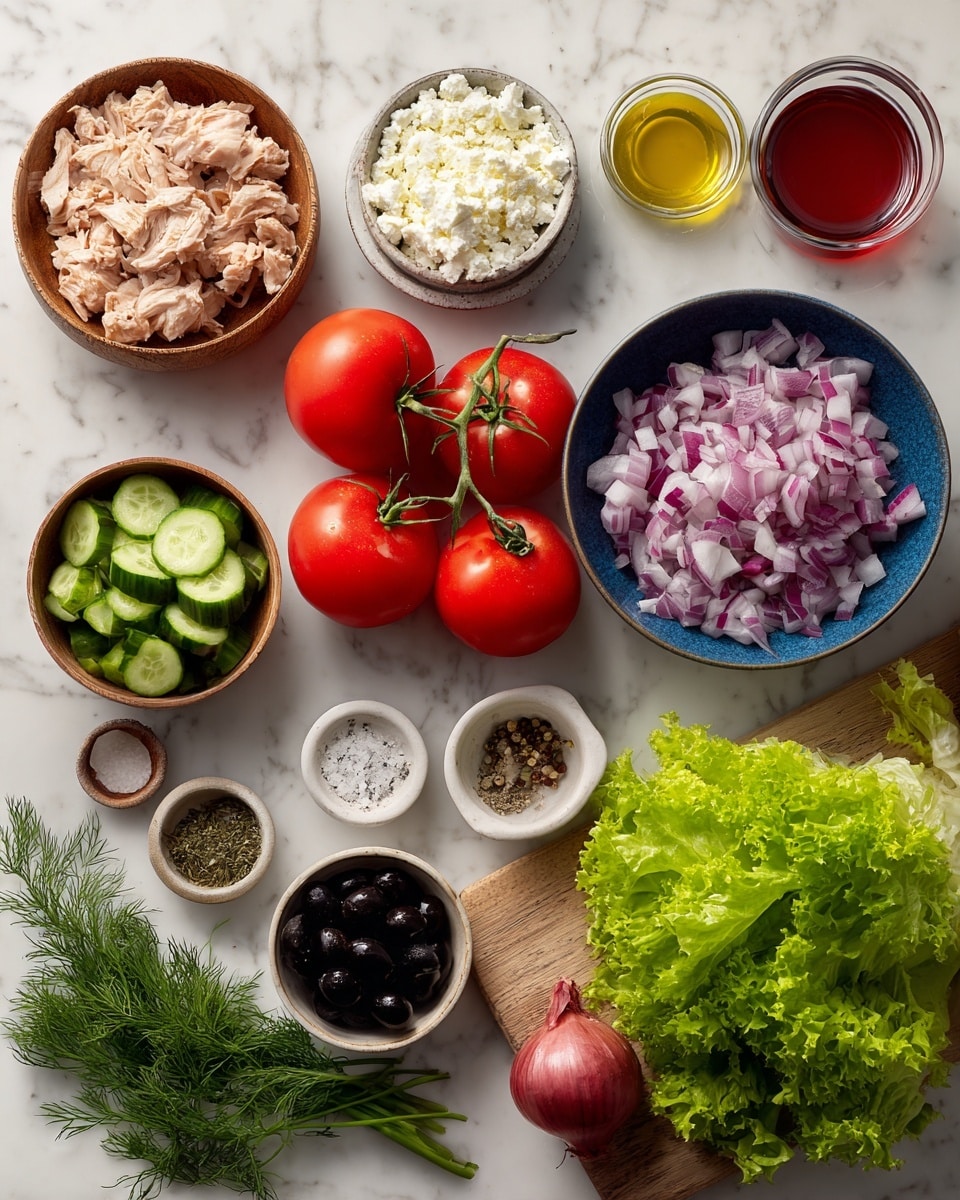 The image shows many fresh ingredients laid out on a white marbled surface. There are two red tomatoes on the vine in the center, with a blue bowl filled with chopped red onions to the right. Below the onions, there is a small bowl with white crumbled cheese. On the left side, a wooden bowl holds pieces of cooked chicken, next to another wooden bowl with chopped cucumber. A small bowl with sliced black olives is in the bottom left corner. A clear glass bowl with red vinegar and a small glass container with olive oil are near the center. There are also small white and brown dishes with salt, pepper, and garlic powder. The bottom right shows fresh green leafy lettuce on a wooden cutting board and half of a red onion next to some dill herbs. Photo taken with an iphone --ar 4:5 --v 7