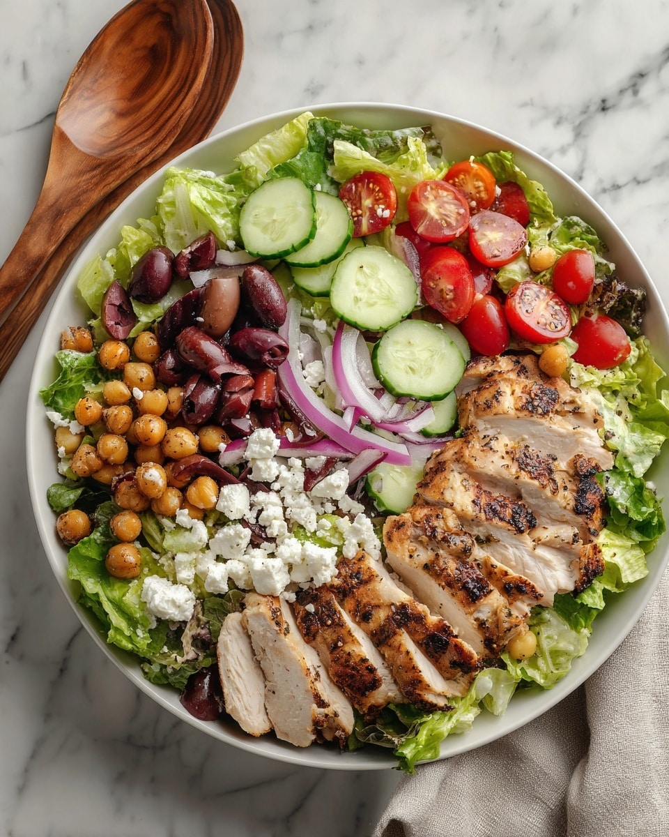 The dish is a large, round white plate filled with a fresh salad layered with vibrant colors and textures. The base layer is made of green lettuce leaves, topped with slices of light green cucumber, halved red cherry tomatoes, and thin slices of purple onion. Spread throughout the salad are dark purple olives and golden-brown roasted chickpeas, adding a crunchy texture. Scattered over the salad are crumbles of white feta cheese. On top, there are several sections of grilled chicken slices, showing a light brown, slightly charred outer layer with a juicy, cream interior. The plate sits on a white marbled surface, and next to it is a wooden salad spoon. photo taken with an iphone --ar 4:5 --v 7