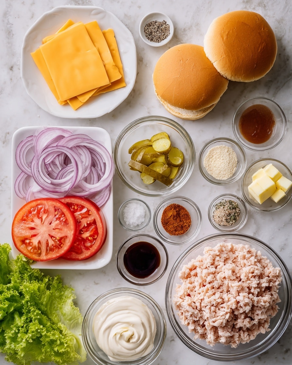 The image shows a set of ingredients neatly arranged on a white marbled surface for making chicken sandwiches. There is a clear glass bowl on the right filled with light pink ground chicken. Nearby are two golden-brown sandwich buns with soft textures. Below the chicken, a small glass bowl holds swirled white mayonnaise. To the left, a white plate carries several bright red tomato slices and thin purple onion rings layered side by side. Above this, another white plate has five rectangular yellow cheese slices stacked. Smaller glass bowls spread across the scene contain pale breadcrumbs, chopped pickles, a small cube of butter, yellow mustard, deep brown soy sauce, fine white salt, black pepper, ketchup, a small amount of oil, a white powdery spice, and a small bowl with red powder. Fresh green lettuce leaves rest below the tomato and onion plate. photo taken with an iphone --ar 4:5 --v 7