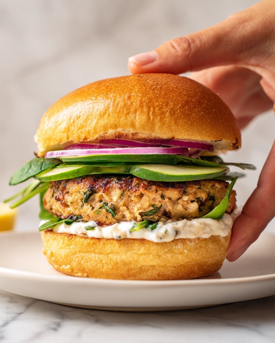 A close-up view of a turkey burger held by a woman's hands, featuring five main layers. At the bottom, a soft, golden-brown bun with a light toasted texture holds a creamy white sauce spread evenly. Above this is a thick, browned turkey patty showing flecks of herbs and a slightly charred crust. On top of the patty are fresh green spinach leaves, followed by a ring of light purple onion and a slice of bright green cucumber. The stack is completed with a shiny golden-brown sandwich bun top. The burger is placed on a white plate on a white marbled surface. photo taken with an iphone --ar 4:5 --v 7