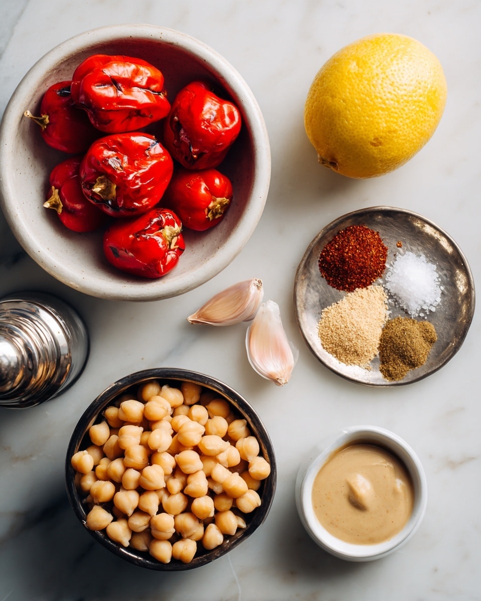 The image shows six food items placed on a white marbled surface. At the top left inside a white bowl are smooth, shiny red roasted peppers with slight black spots. To the right near the center is a half lemon with a bright yellow color and visible seeds. Below the lemon are two slightly crushed pink garlic cloves. In the center bottom left is a dark bowl filled with round, light beige chickpeas. At the bottom right, there is a small round white dish with light brown tahini sauce that has a smooth texture. Next to it is a small round silver plate containing four spices in four sections: a light beige powder, dark brown powder, salt, and reddish chili powder. Partly visible at the bottom left is a shiny metal pepper grinder. photo taken with an iphone --ar 4:5 --v 7