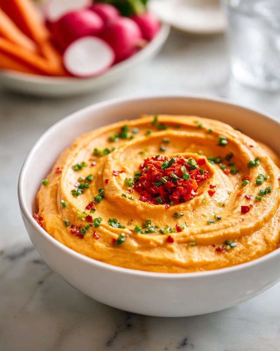 The image shows a white bowl filled with smooth orange hummus, swirled in a circular pattern. On top of the hummus is a small mound of finely chopped red roasted peppers, adding a contrasting bright red color in the center. The hummus is lightly sprinkled with small green herb pieces and tiny red pepper flakes scattered over the surface. The bowl sits on a white marbled texture, and part of another dish with fresh whole radishes and carrot sticks in a white bowl is visible in the background. Photo taken with an iphone --ar 4:5 --v 7